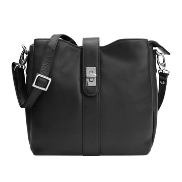 Cenzoni Black leather crossbody handbag with silver hardware, adjustable strap, and front flap lock