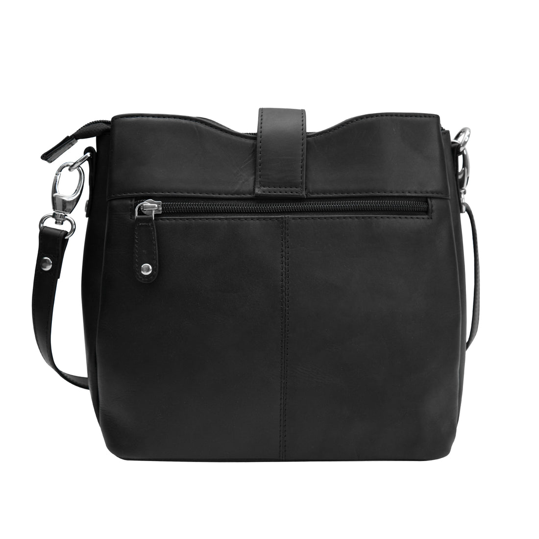 Cenzoni Black leather crossbody handbag with silver hardware, adjustable strap, and front flap lock