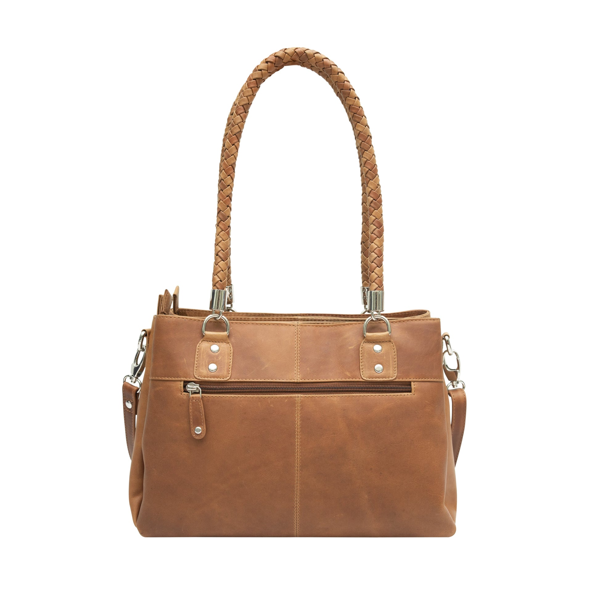 Tan RFID-protected leather shoulder bag with zip pockets – back view