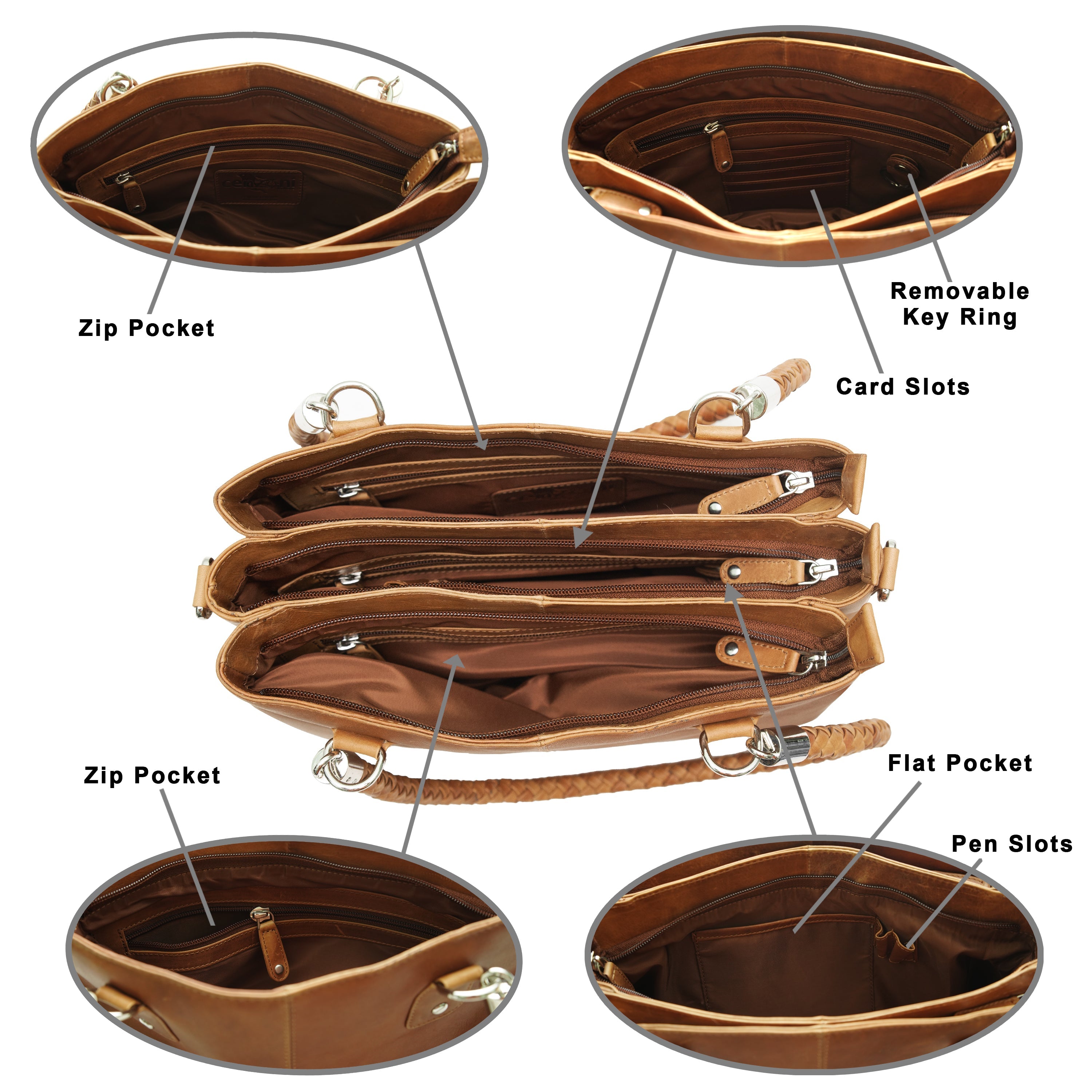 Interior of Cenzoni Tan bag showing 3 zip compartments and card slots

