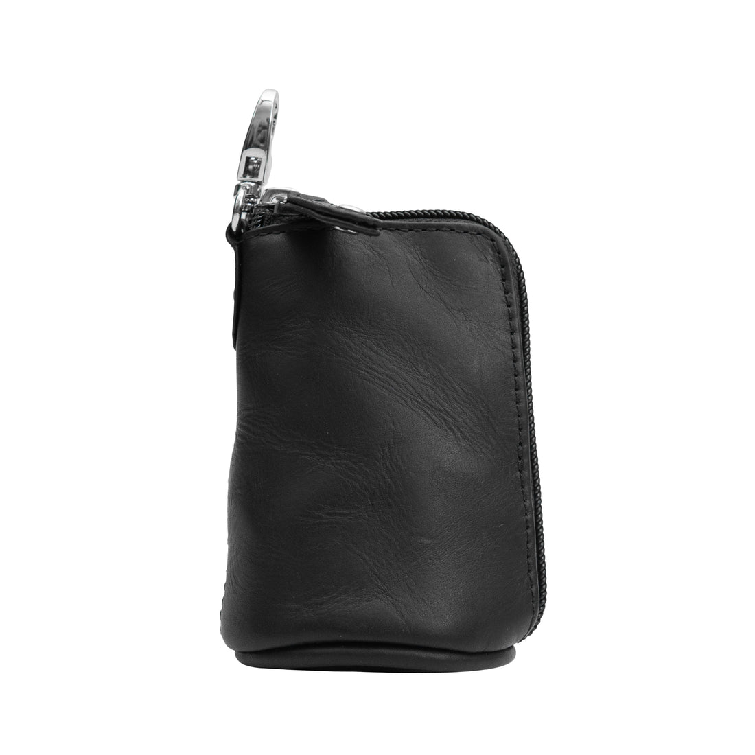 Side view of compact black leather key case pouch with secure zipper and metal clip