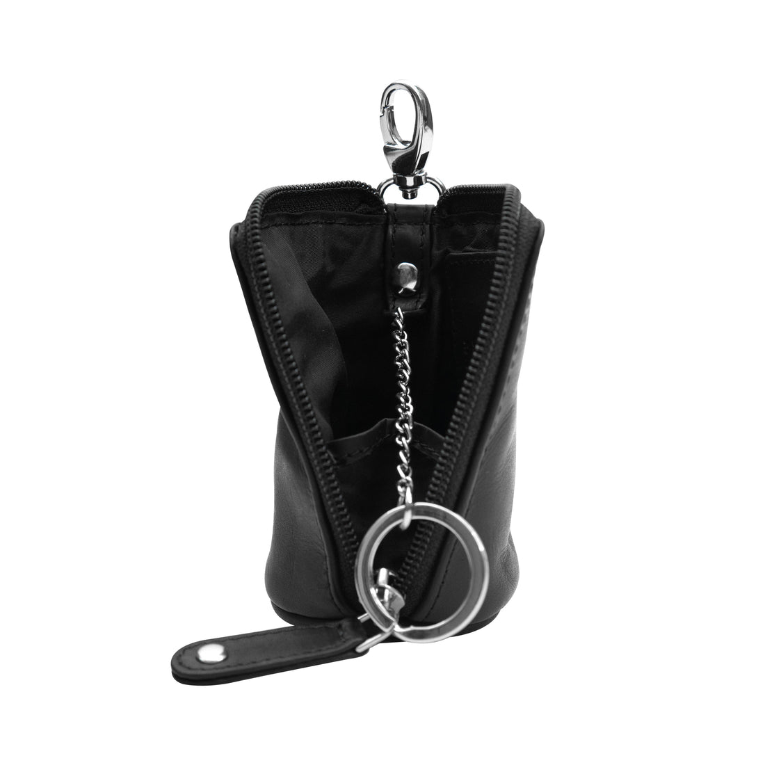 Side view of compact black leather key case pouch with secure zipper and metal clip