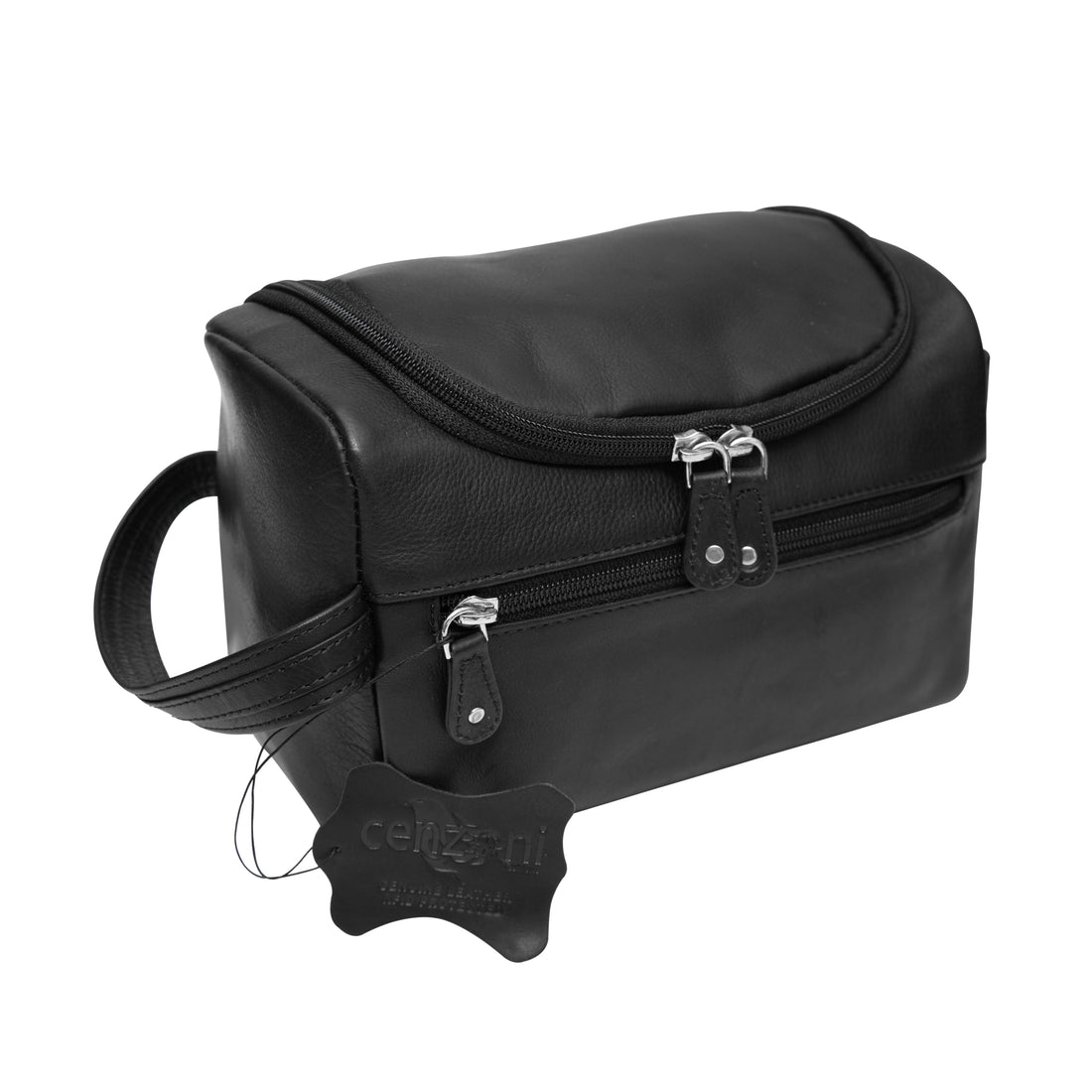 Black leather toiletry bag with a detachable mirror and key ring, featuring multiple compartments and short side handles.