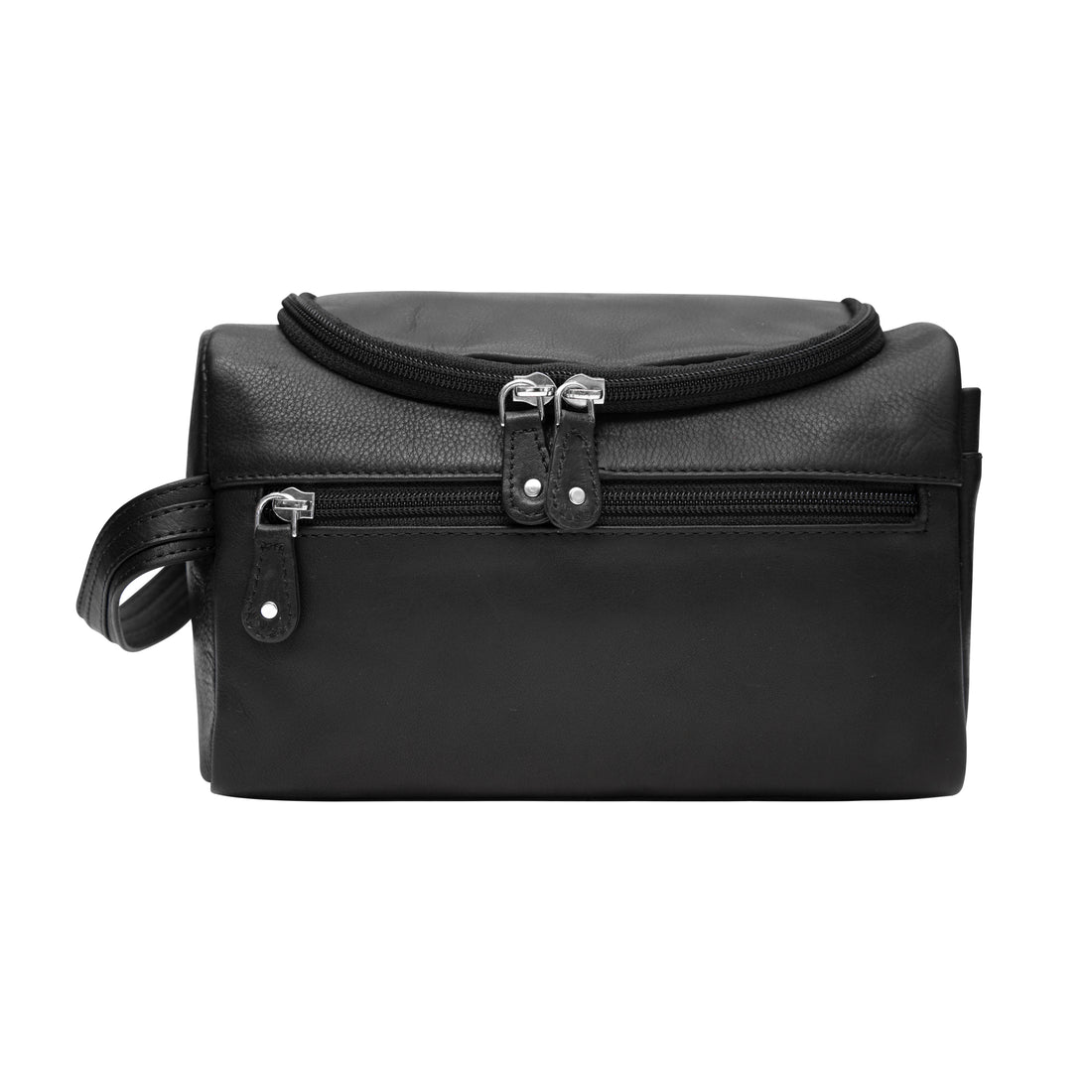 Black leather toiletry bag with a detachable mirror and key ring, featuring multiple compartments and short side handles.