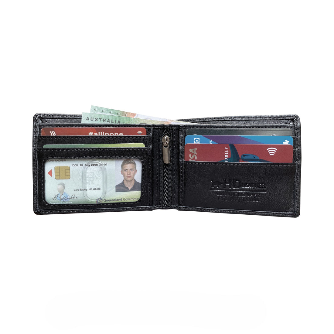 Secret Keeper Classic men's wallet interior showing 4 card slots, ID window and  zip pocket