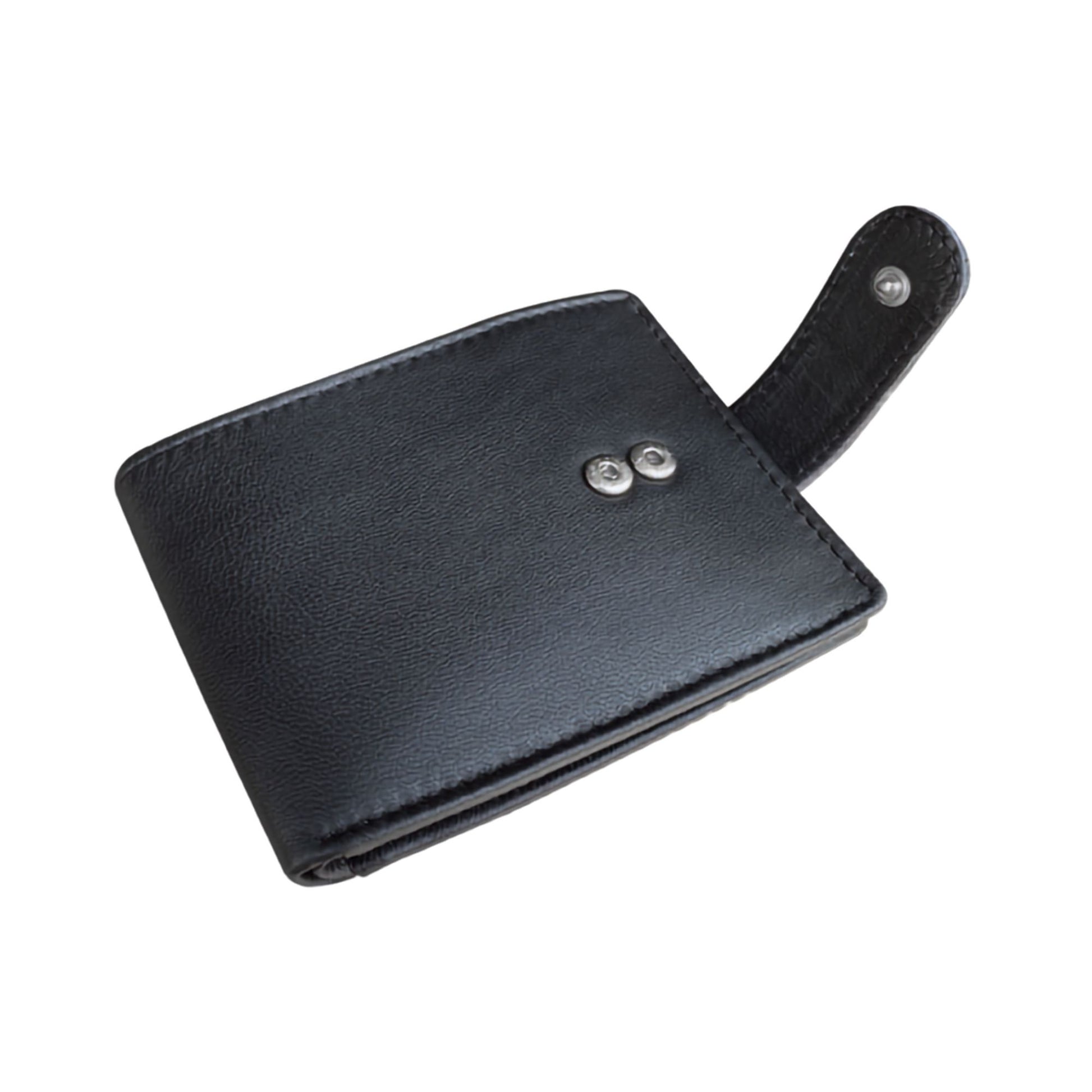 Close-up of black leather wallet button closure and metal snap details