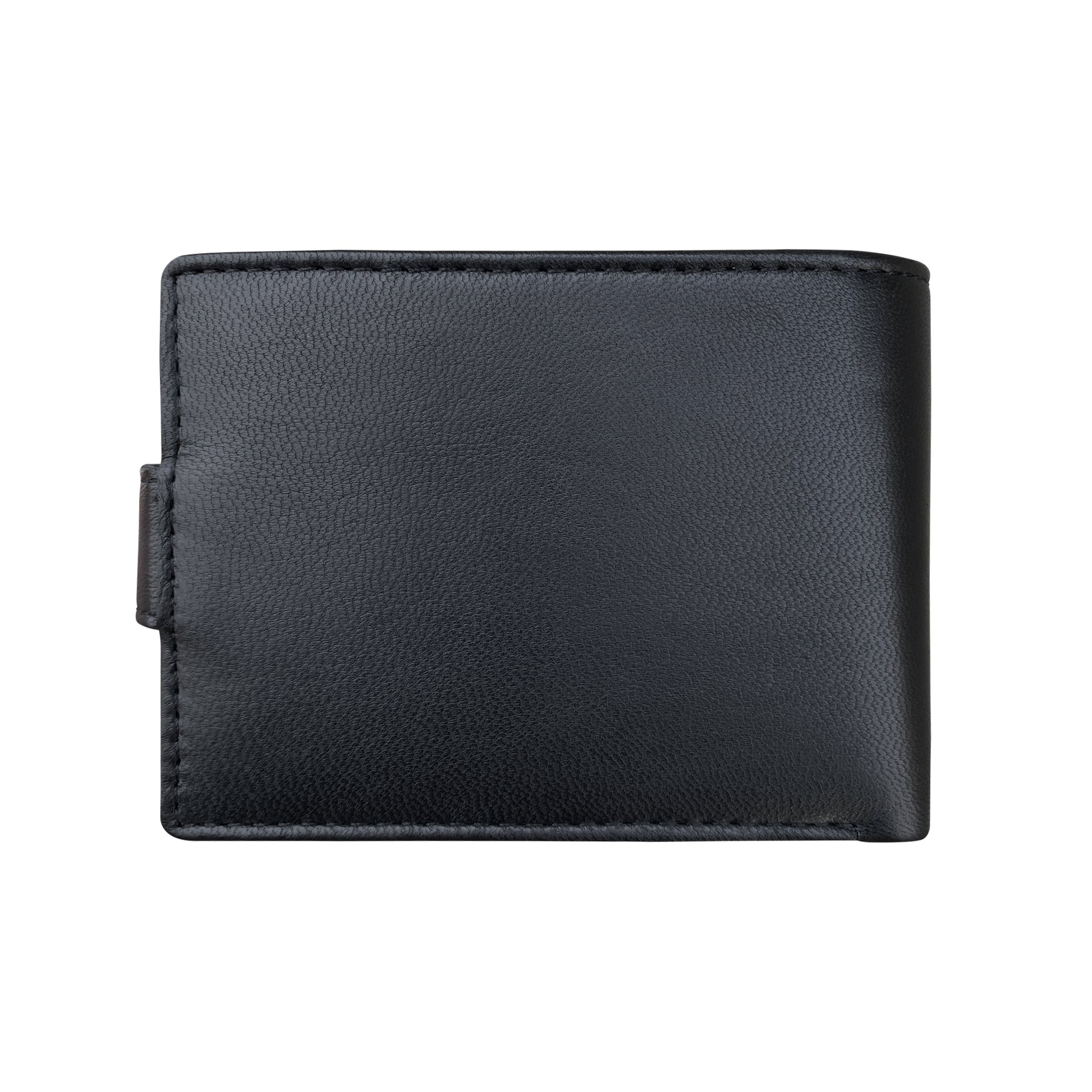 Back view of black leather bifold wallet 