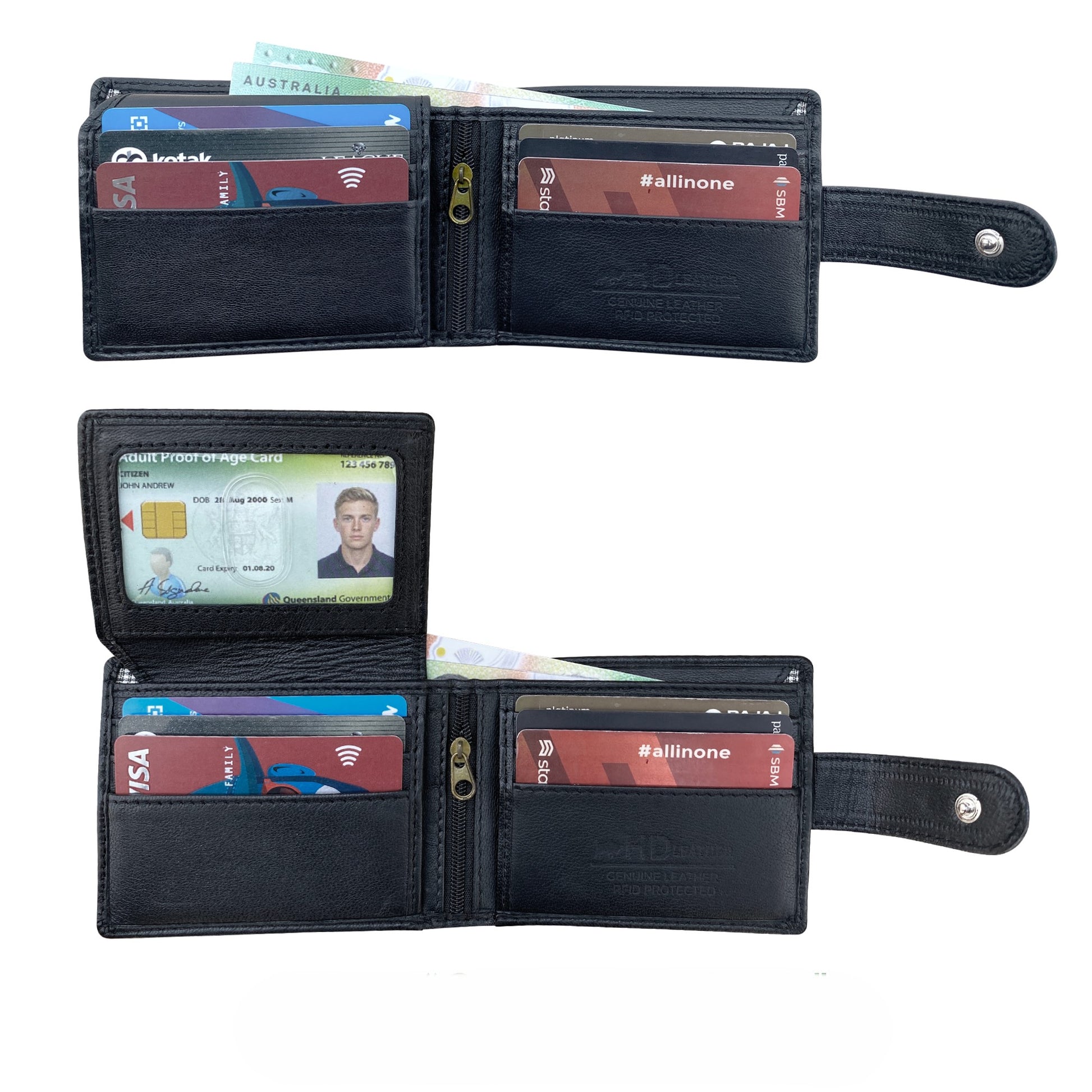 Black leather bifold wallet open and loaded with credit cards, ID card, Australian banknotes, and coins demonstrating storage capacity