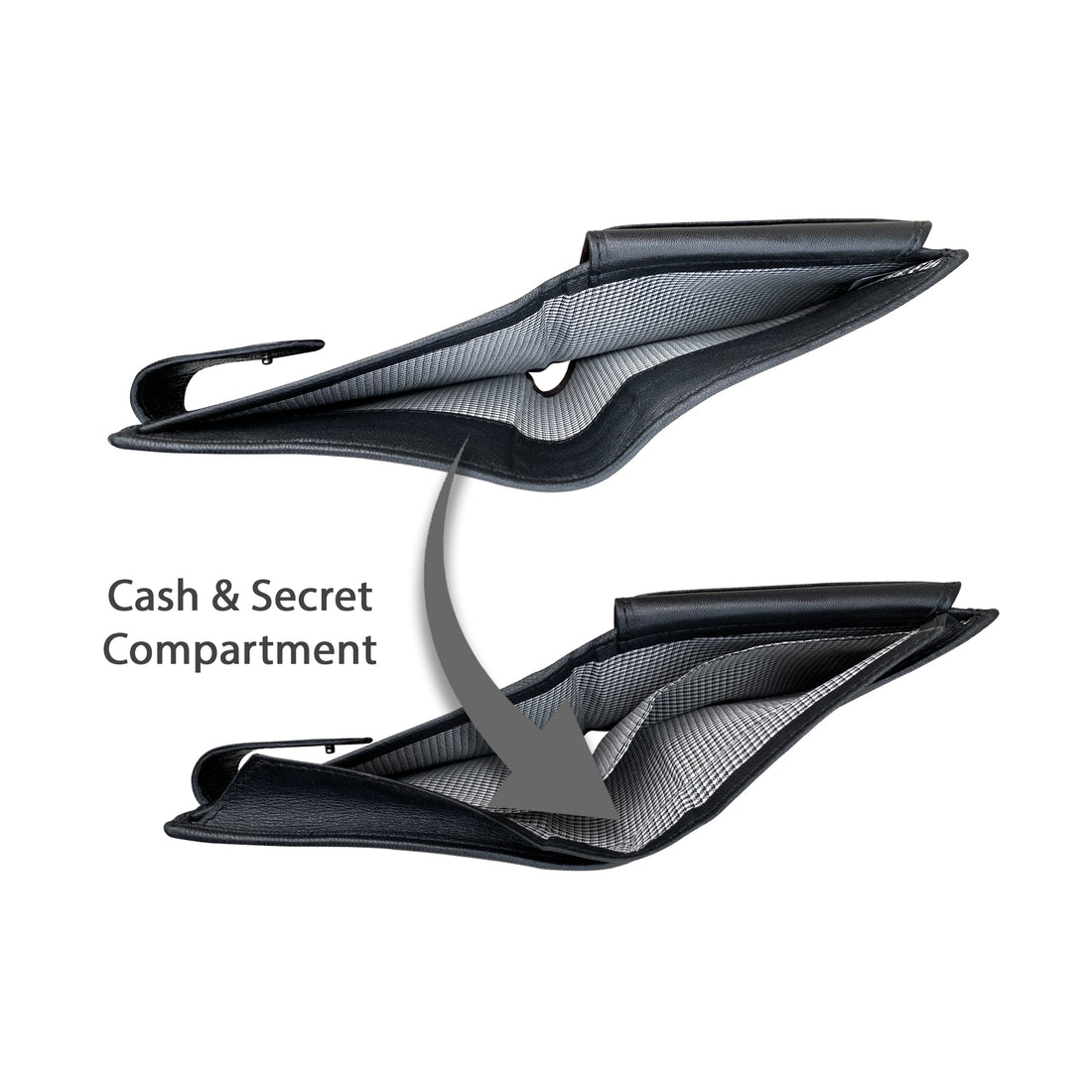 Black leather bifold wallet open showing ID window, multiple card slots, and cash compartment with cards and Australian currency