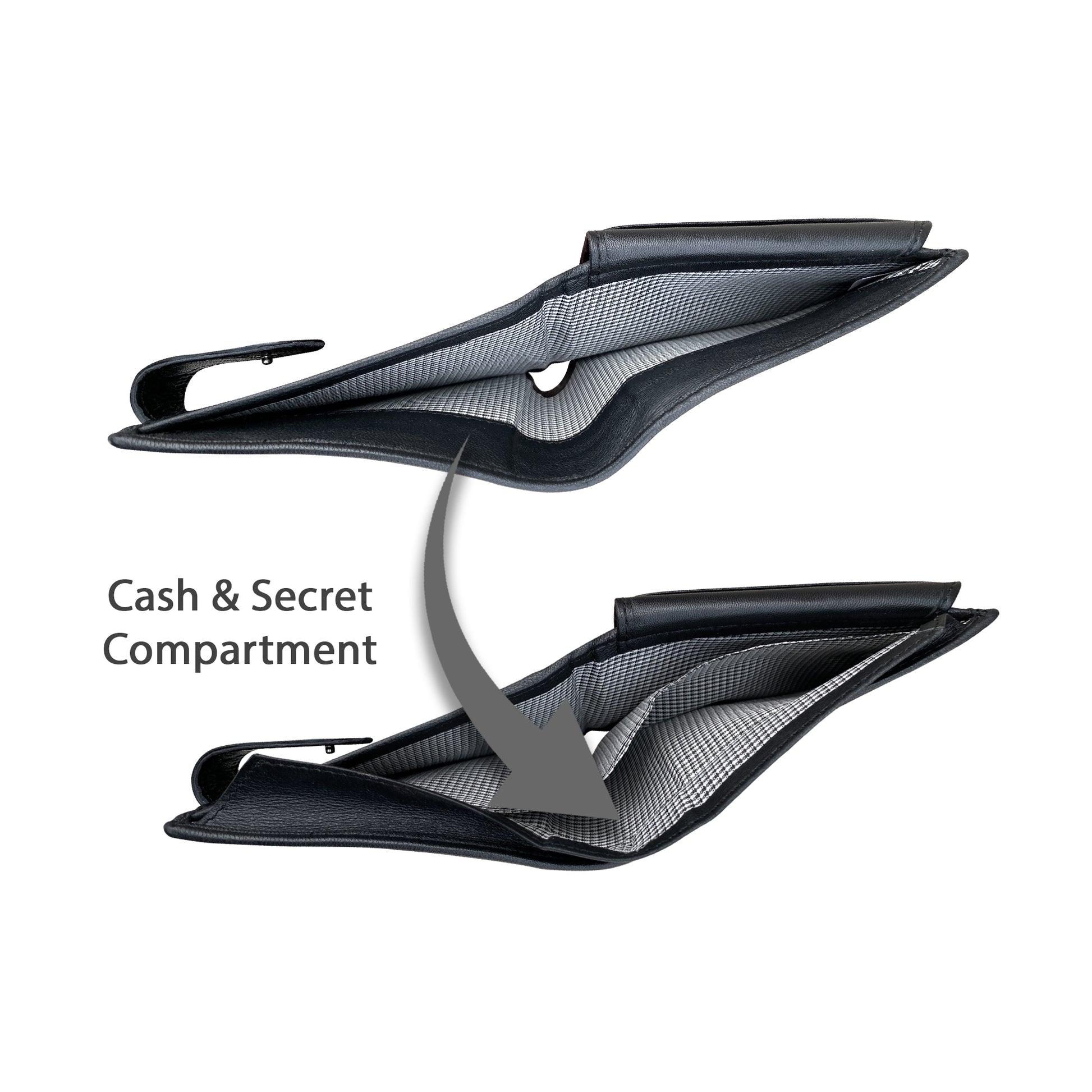 Open compartments of black leather wallet showing hidden cash and secret compartment design with checkered lining