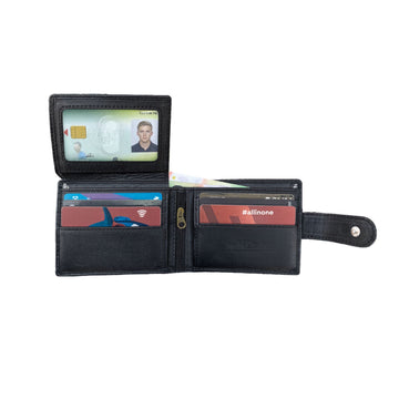 Black leather bifold wallet open showing ID window, multiple card slots, and cash compartment with cards and Australian currency