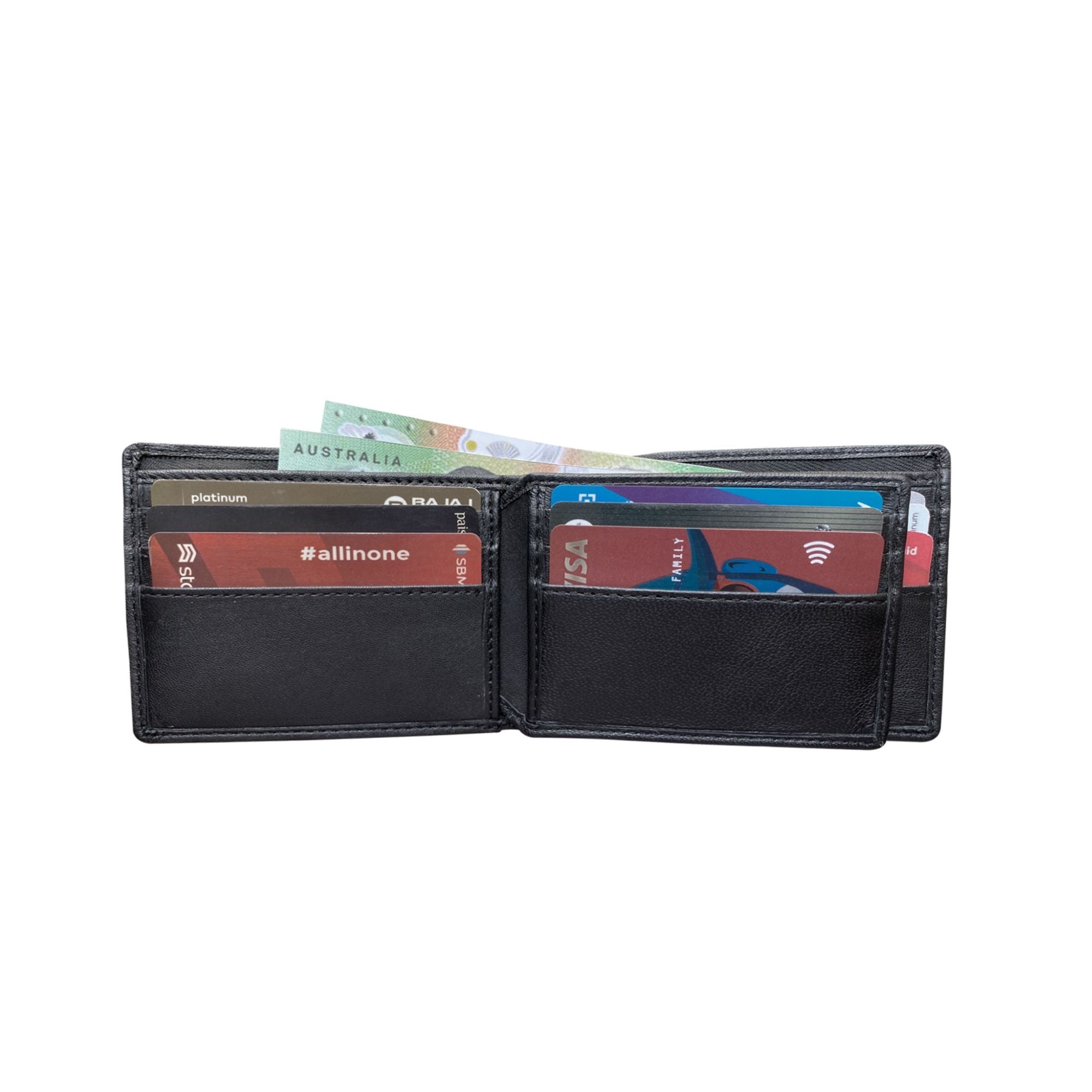 Black RFID-protected sheepskin men's wallet open showing  card slots with credit cards and Australian cash