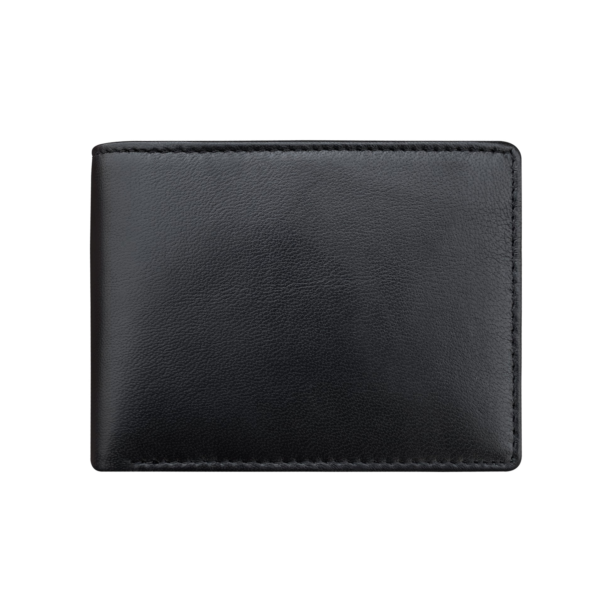Compact black genuine sheepskin men's wallet with slim leather exterior and stitched edges