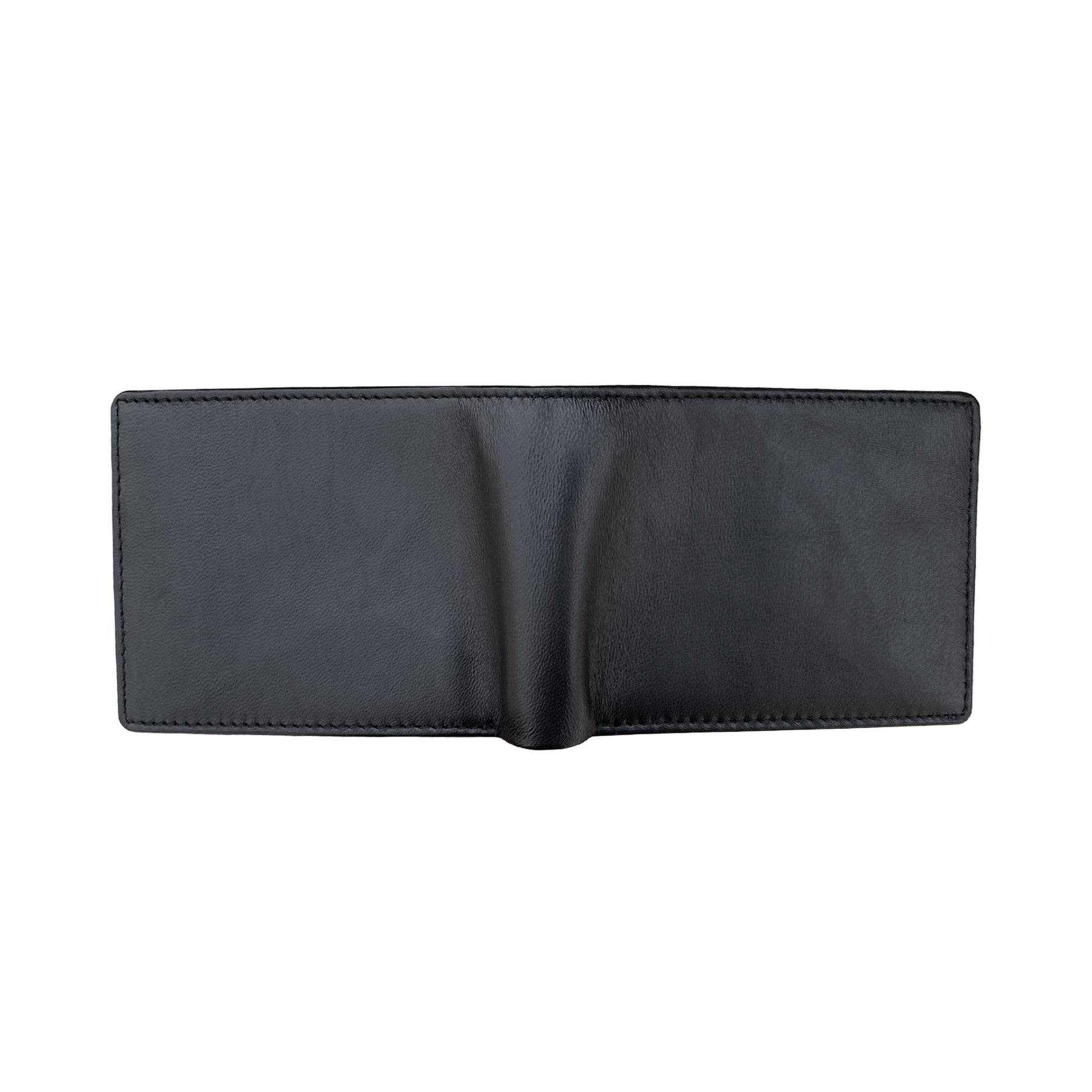 Black sheepskin bifold wallet with hidden note compartment and secure card storage visible when opened