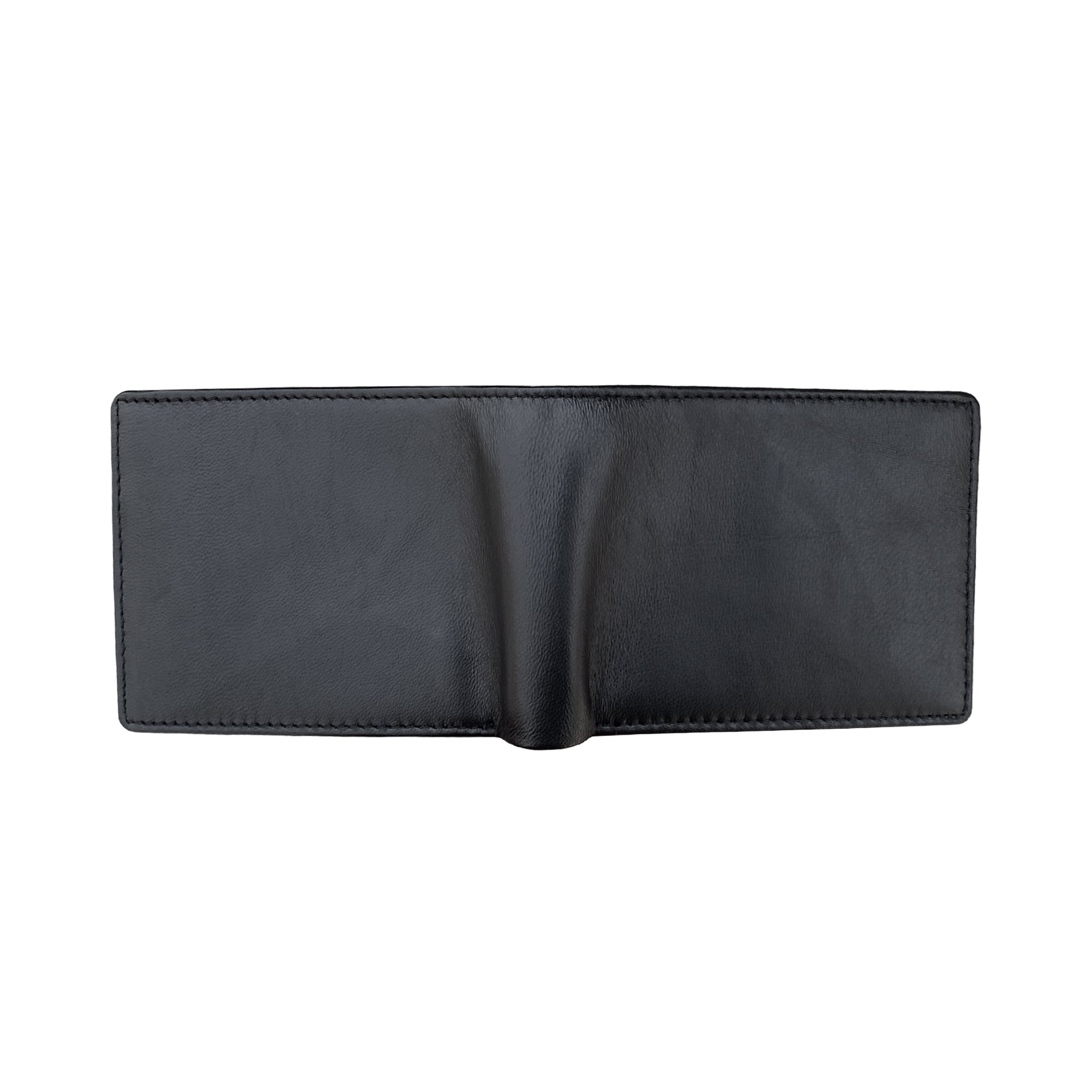 Black sheepskin bifold wallet with hidden note compartment and secure card storage visible when opened
