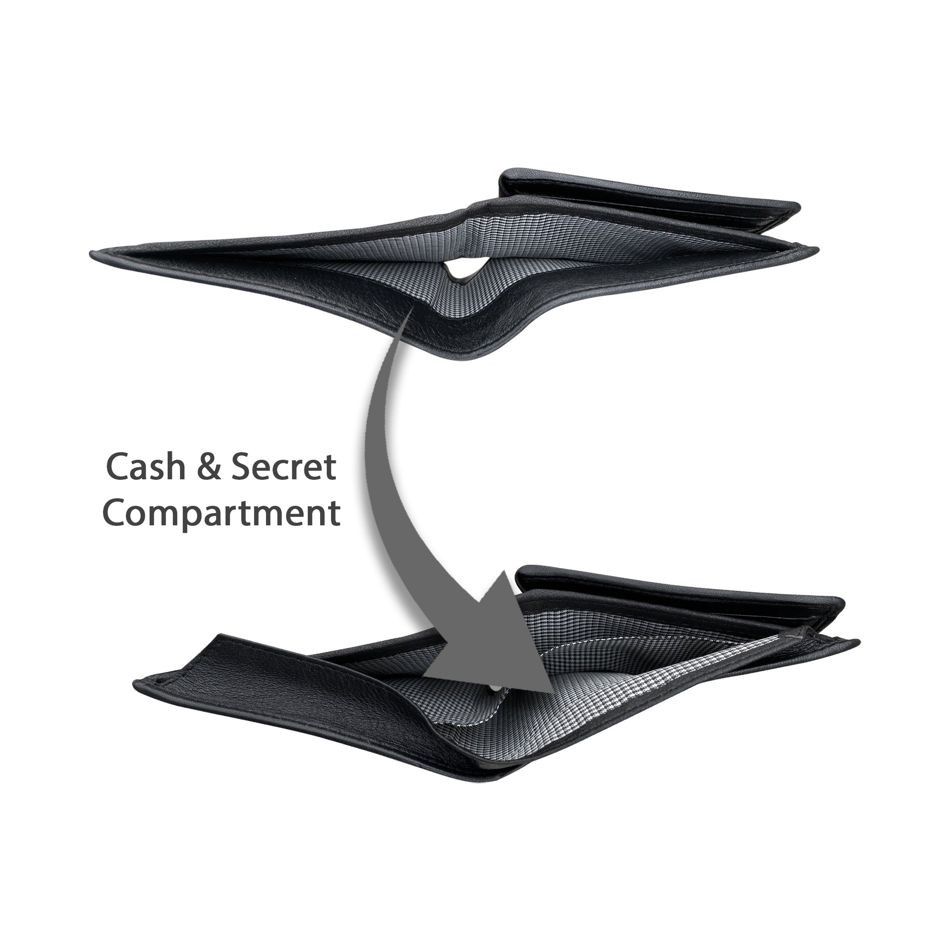 Sheepskin wallet showing secret cash compartment hidden under leather flap for secure note storage