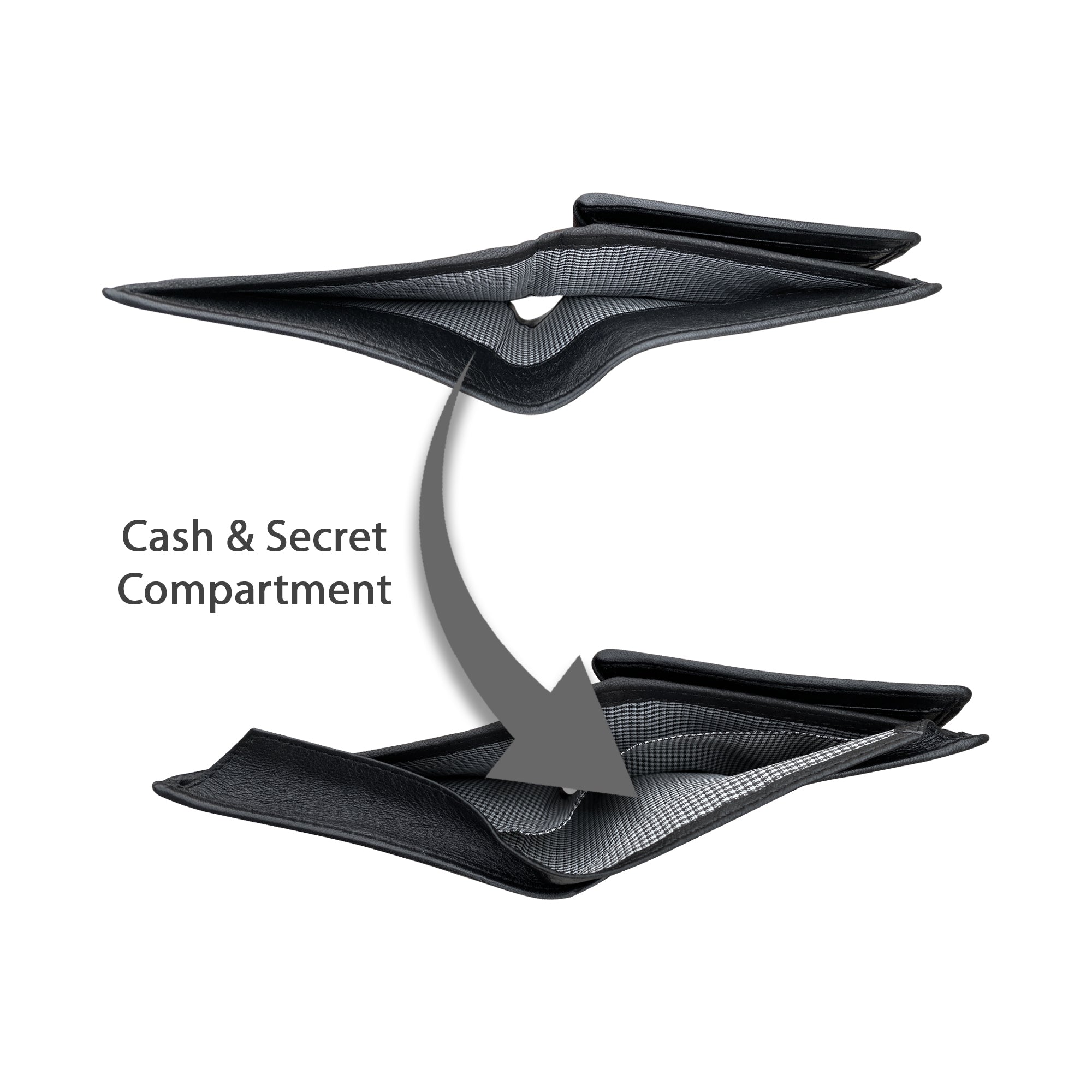 Sheepskin wallet showing secret cash compartment hidden under leather flap for secure note storage