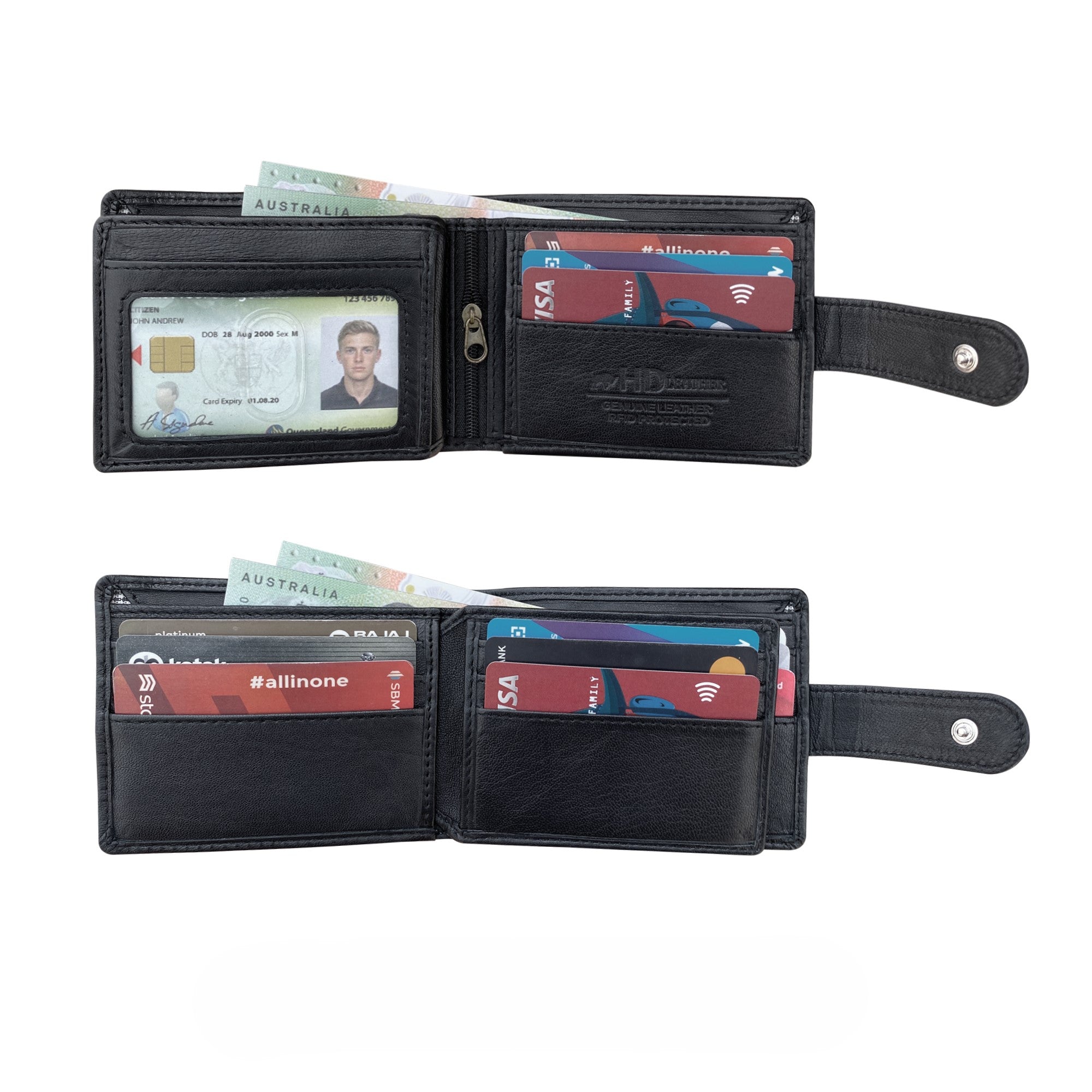 Black RFID-protected sheepskin button closure wallet open showing card slots with credit cards, ID window and Australian cash