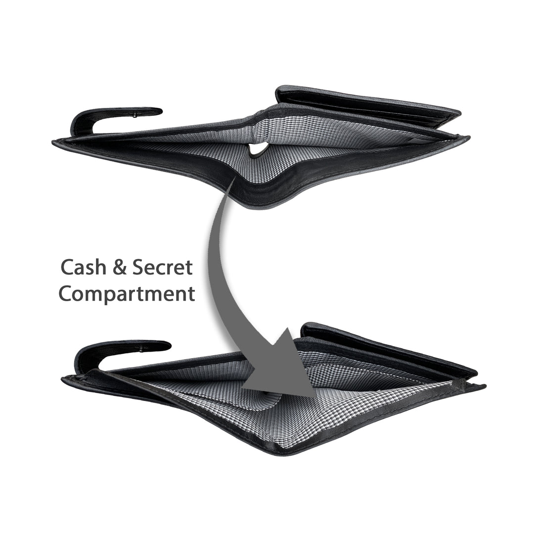 Black wallet with multiple card slots and currency notes on a white background
