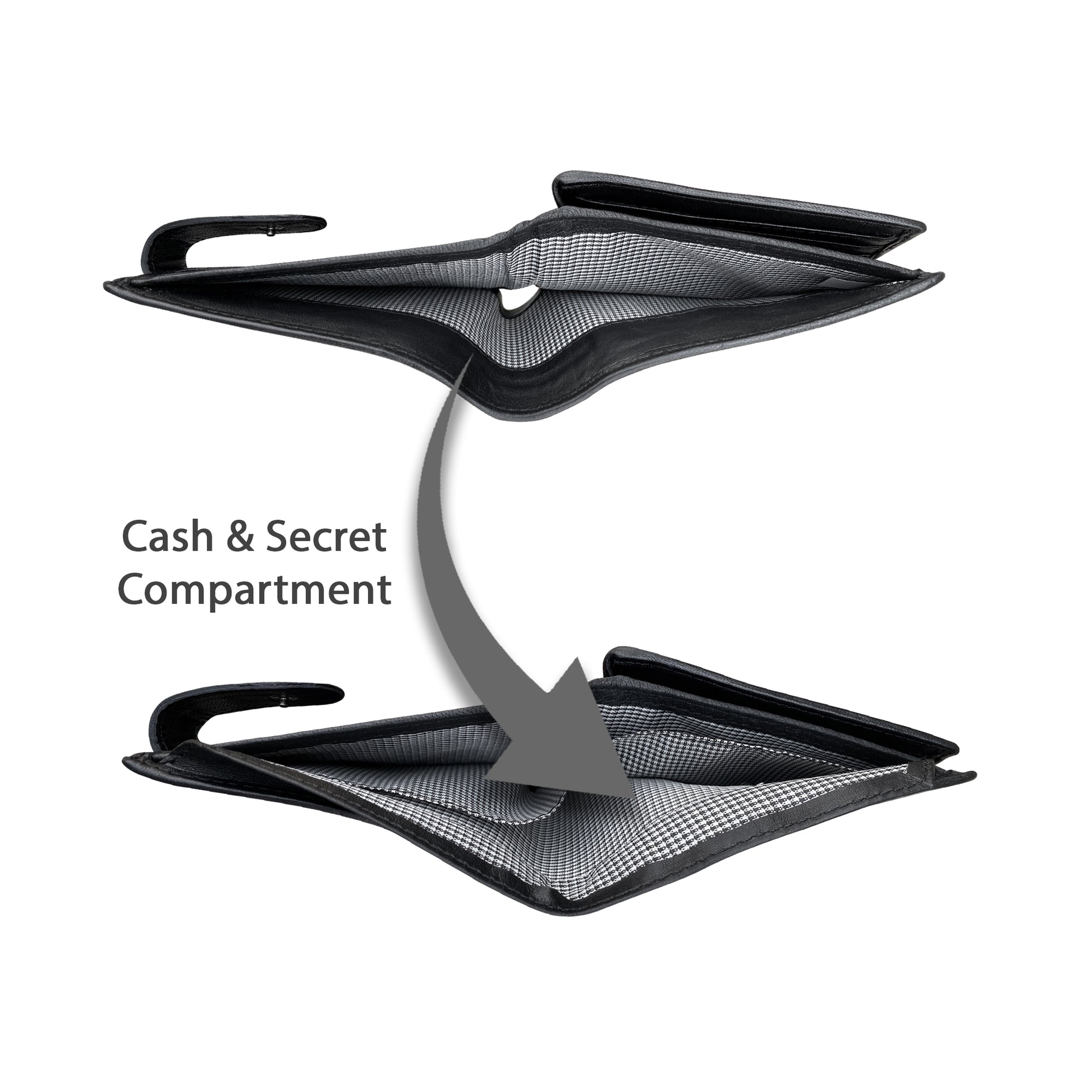 Sheepskin button closure wallet revealing secret cash and note compartment hidden inside leather flap