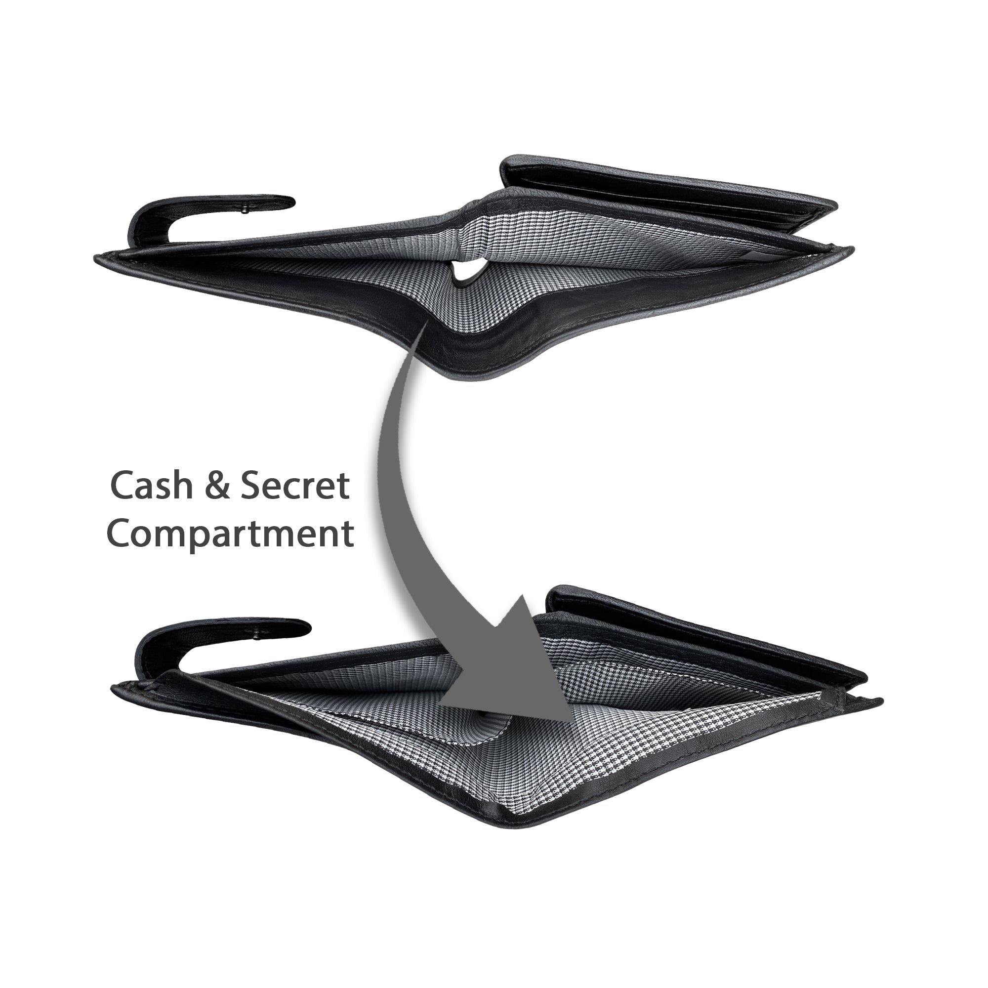 Sheepskin button closure wallet revealing secret cash and note compartment hidden inside leather flap