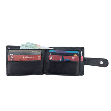 Black wallet with multiple card slots and currency notes on a white background