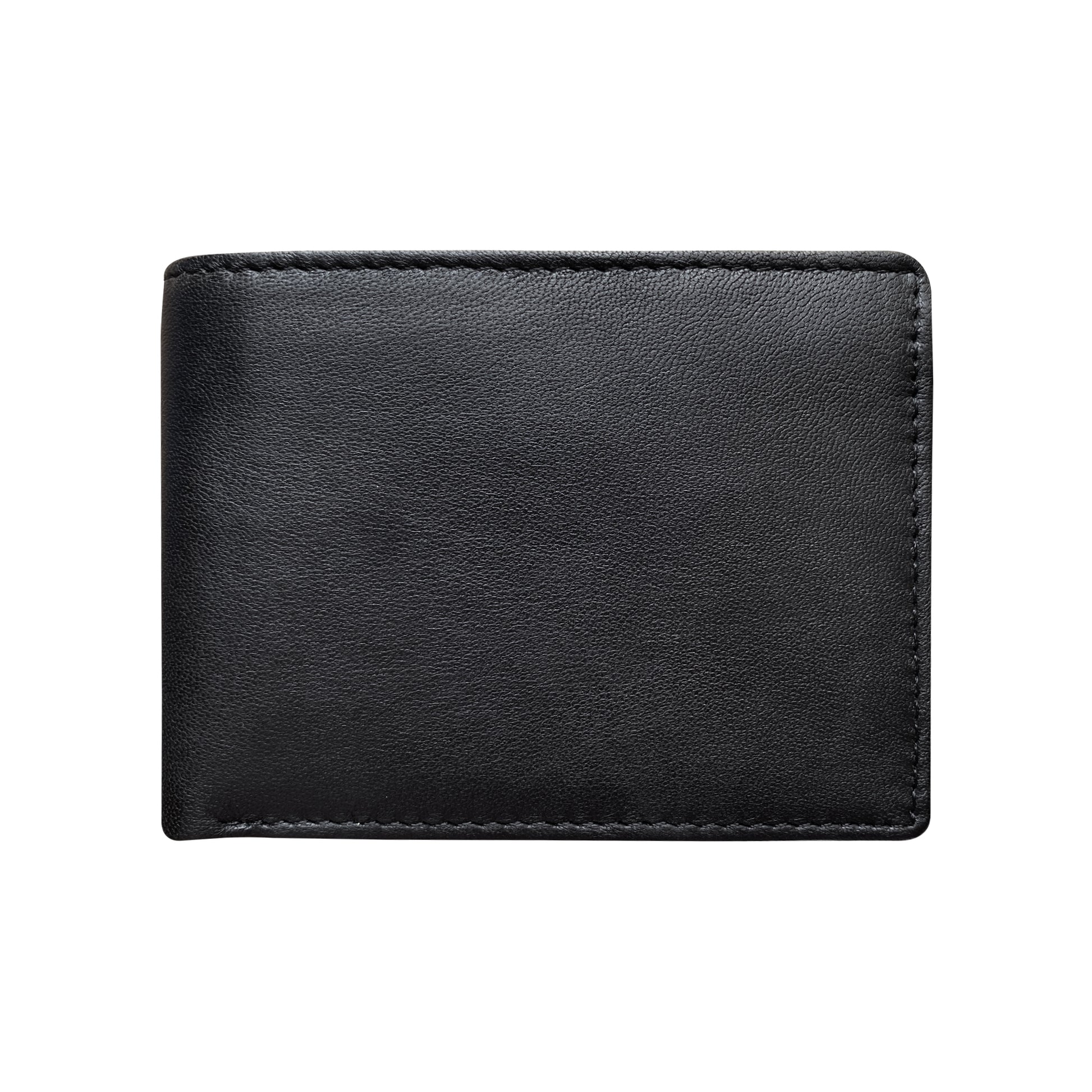 Compact black genuine sheepskin men's bifold wallet with smooth leather exterior