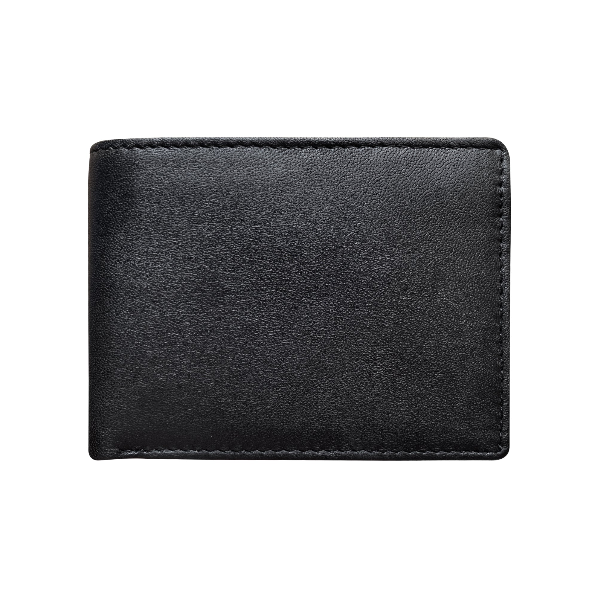 Compact black genuine sheepskin men's bifold wallet with smooth leather exterior