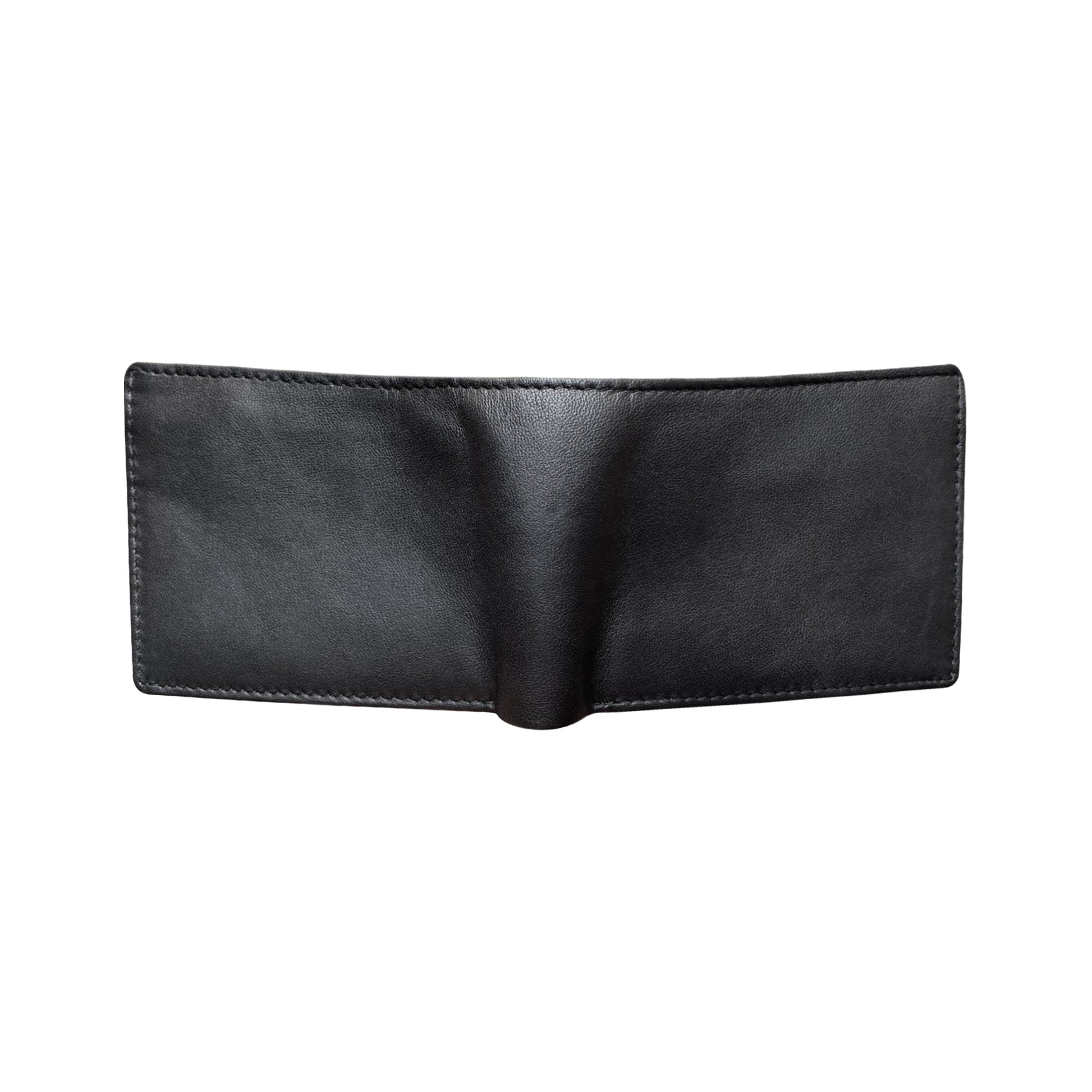 Black sheepskin bifold wallet open showing back and front view