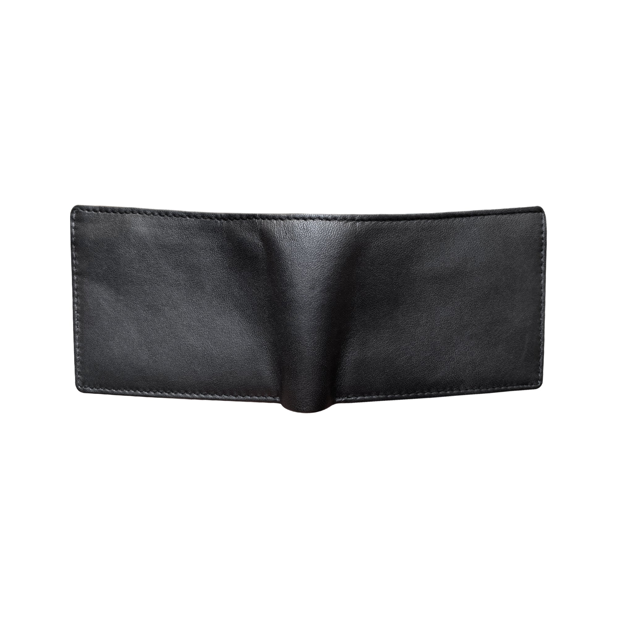Black sheepskin bifold wallet open showing back and front view