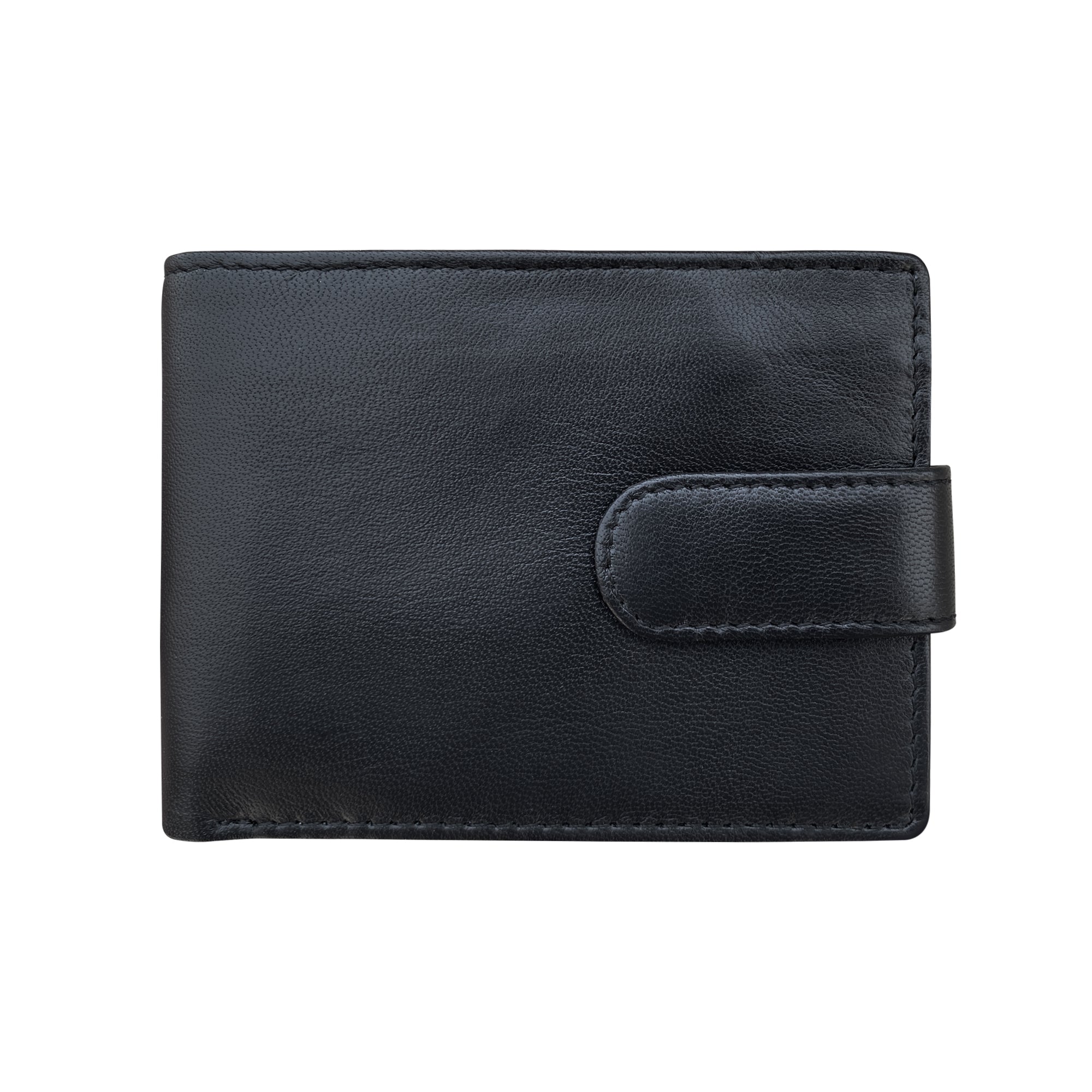Black genuine sheepskin  wallet with  tab closure and textured leather exterior