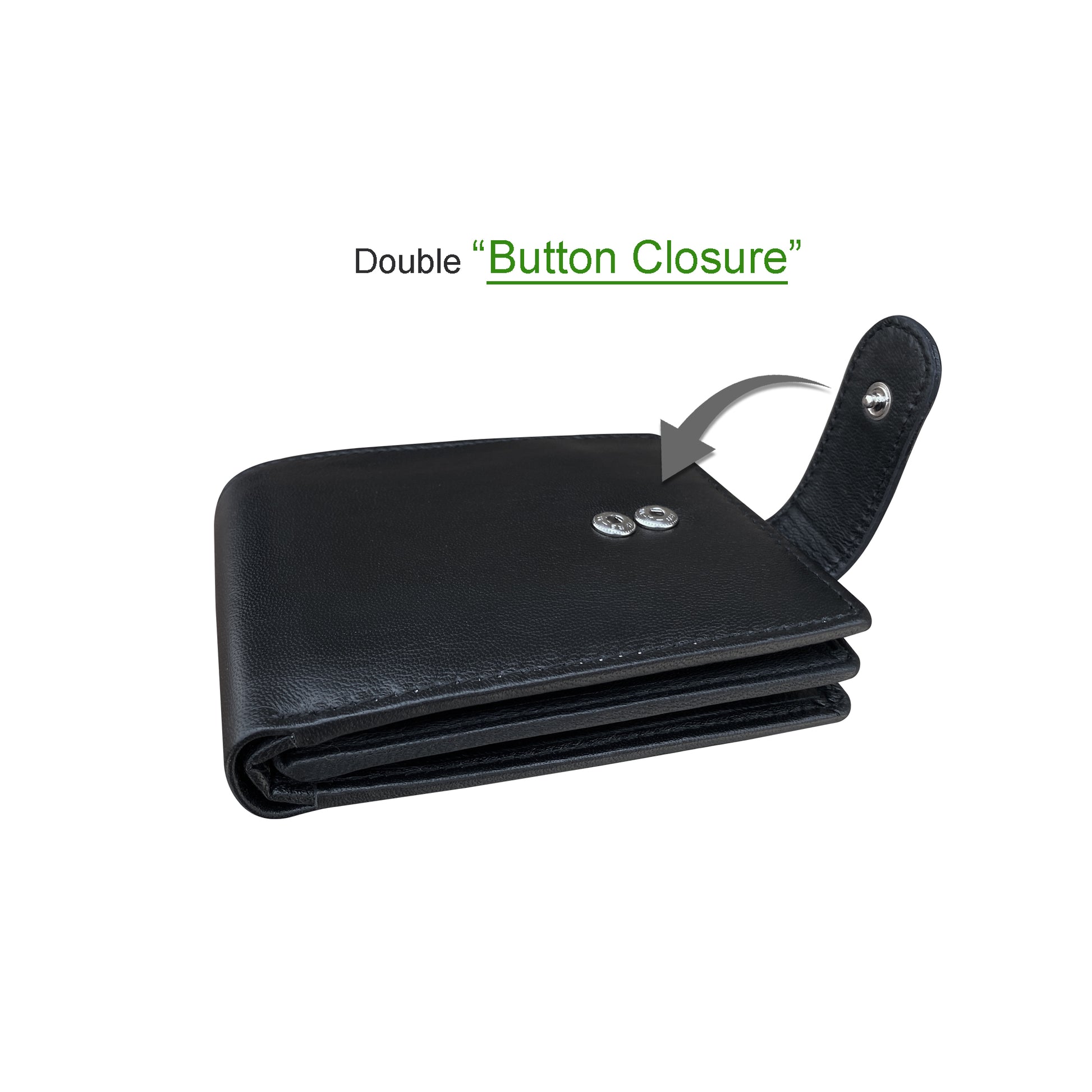 Sheepskin long wallet with secure double button closure design for keeping cards and cash protected