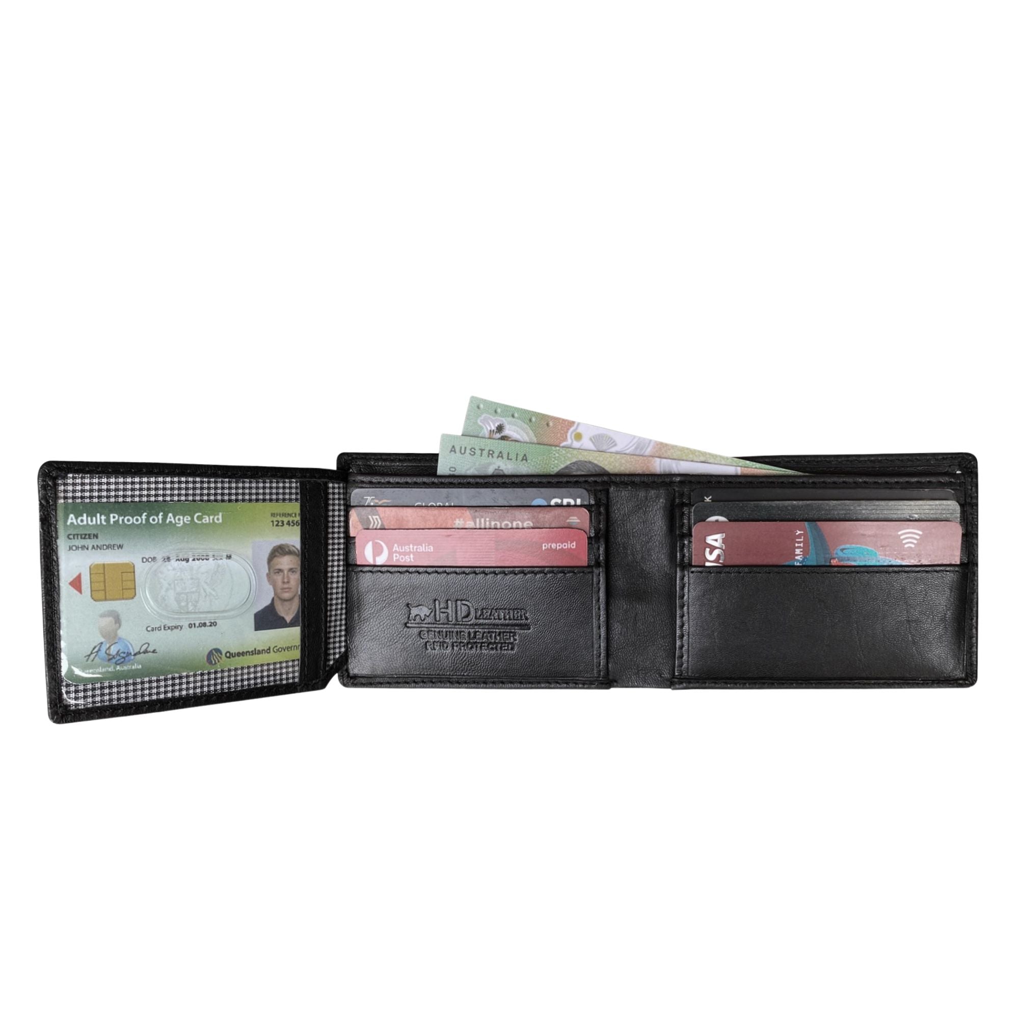 Black sheepskin trifold compact wallet opened showing interior construction and slim profile design