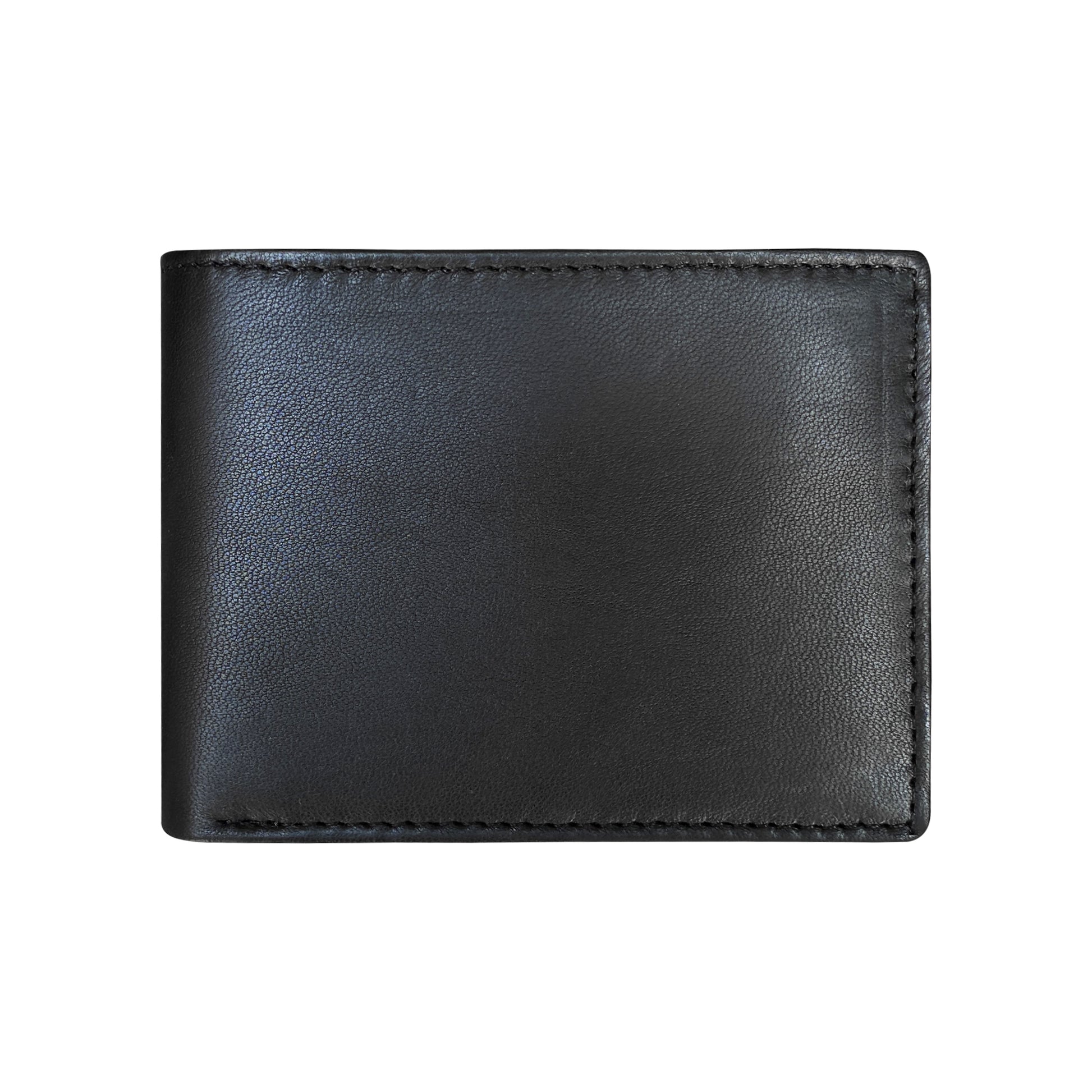 Slim black genuine sheepskin compact men's wallet with clean leather exterior and stitched edges