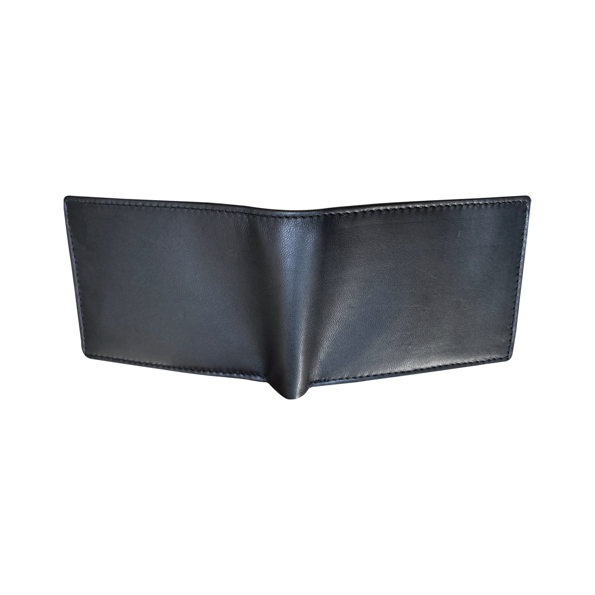 Black sheepskin trifold compact wallet opened showing exterior 