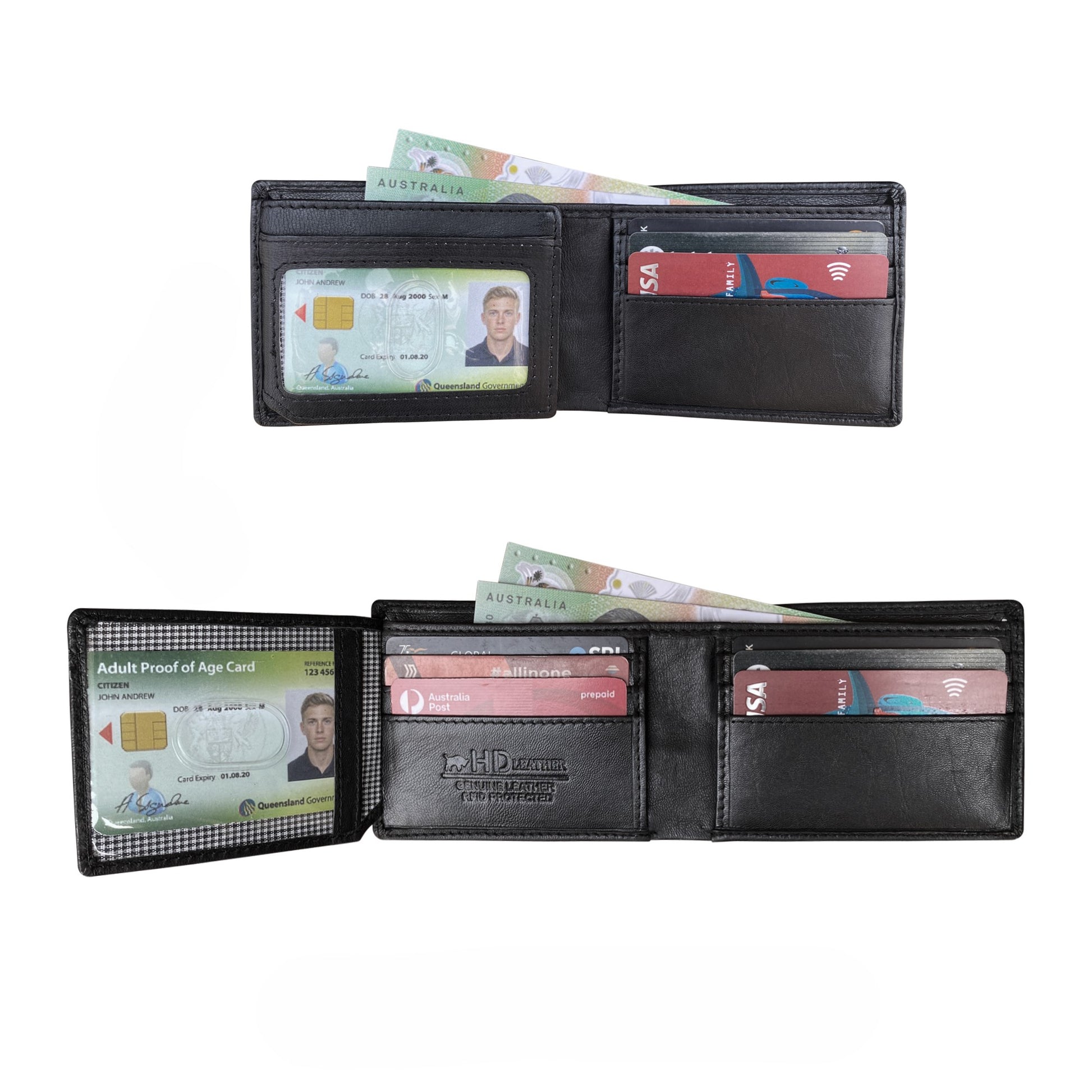 Black RFID-protected sheepskin compact wallet open showing dual ID windows with driver license and credit cards with Australian cash visible