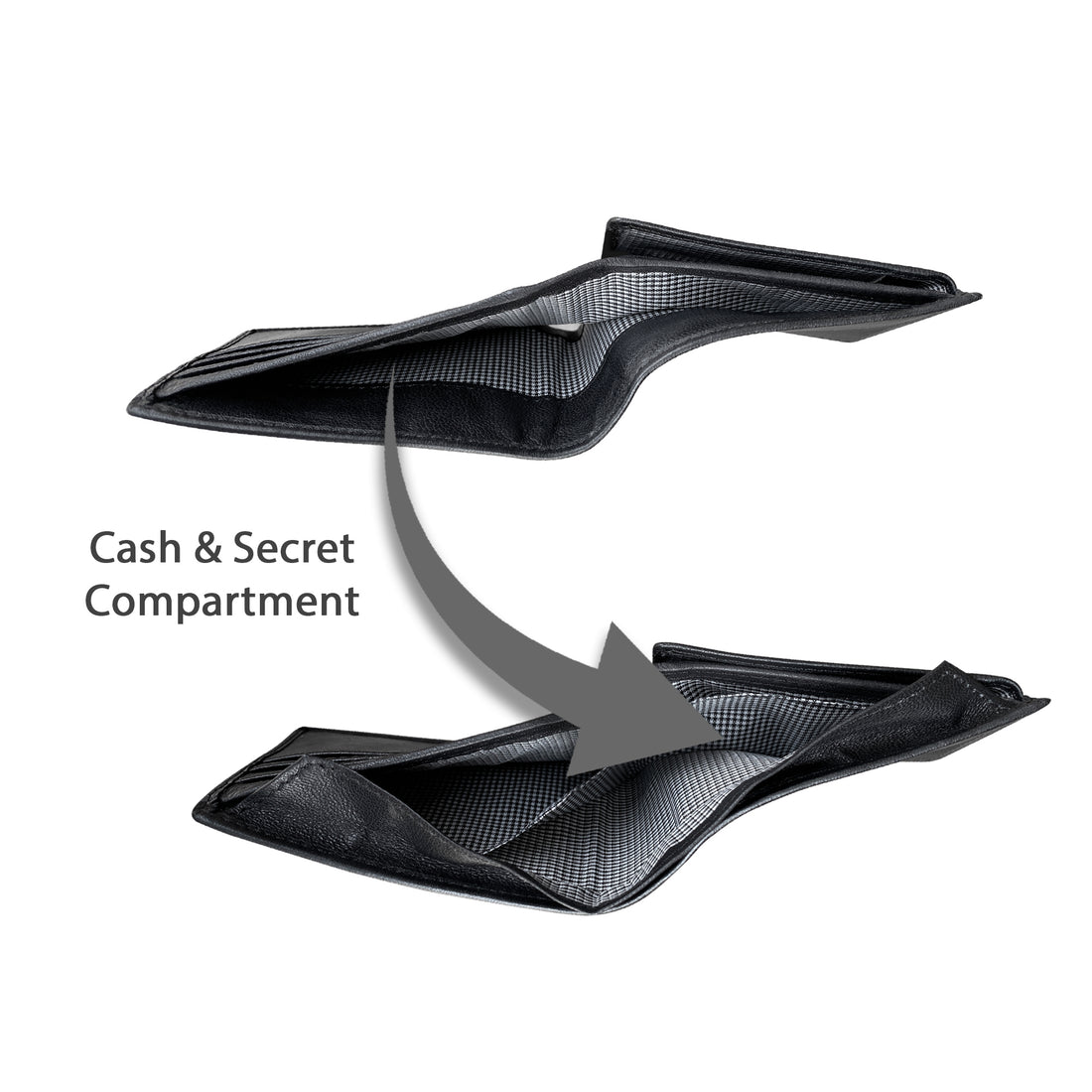Black sheepskin trifold compact wallet opened showing interior construction and slim profile design