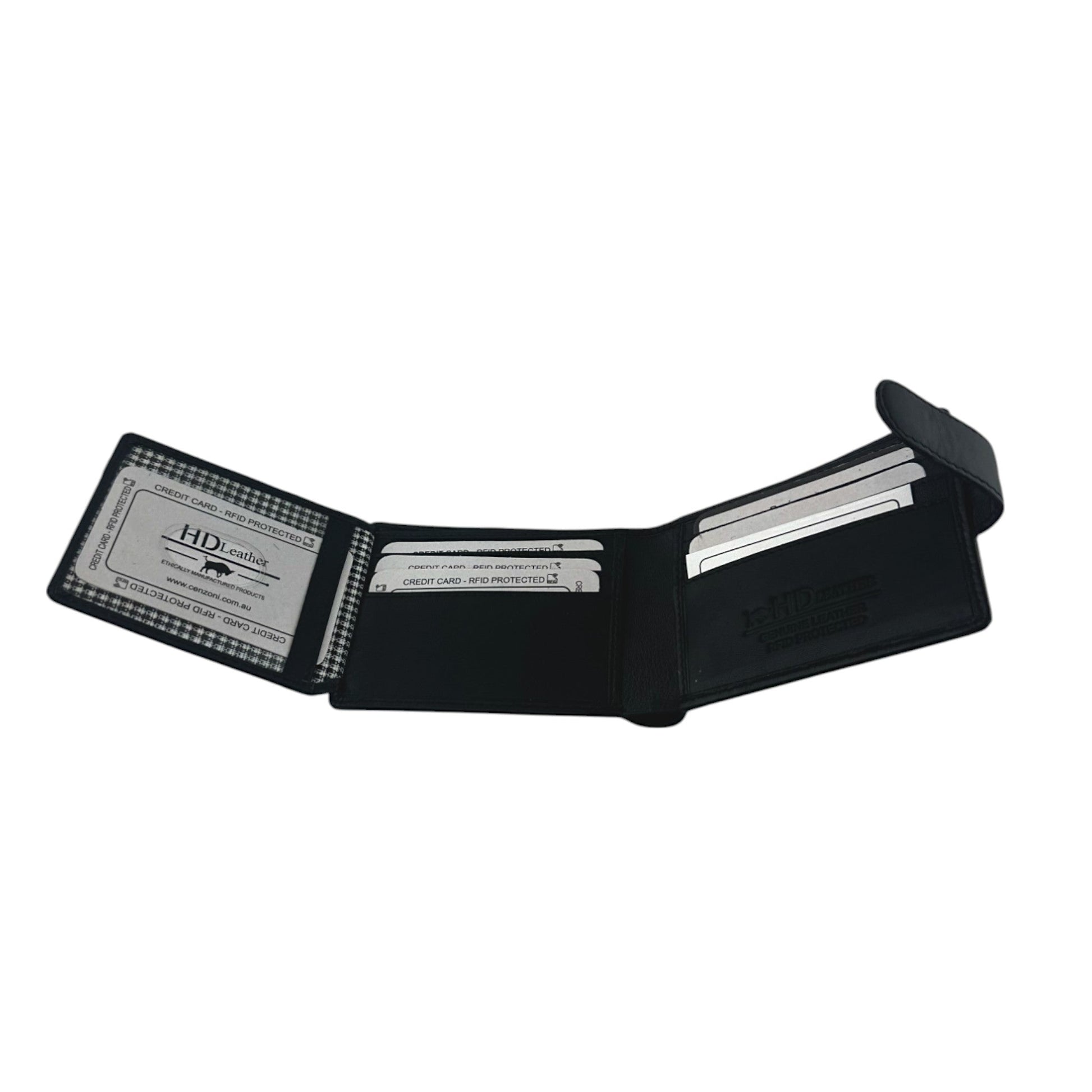 Black wallet with card slots on a white background