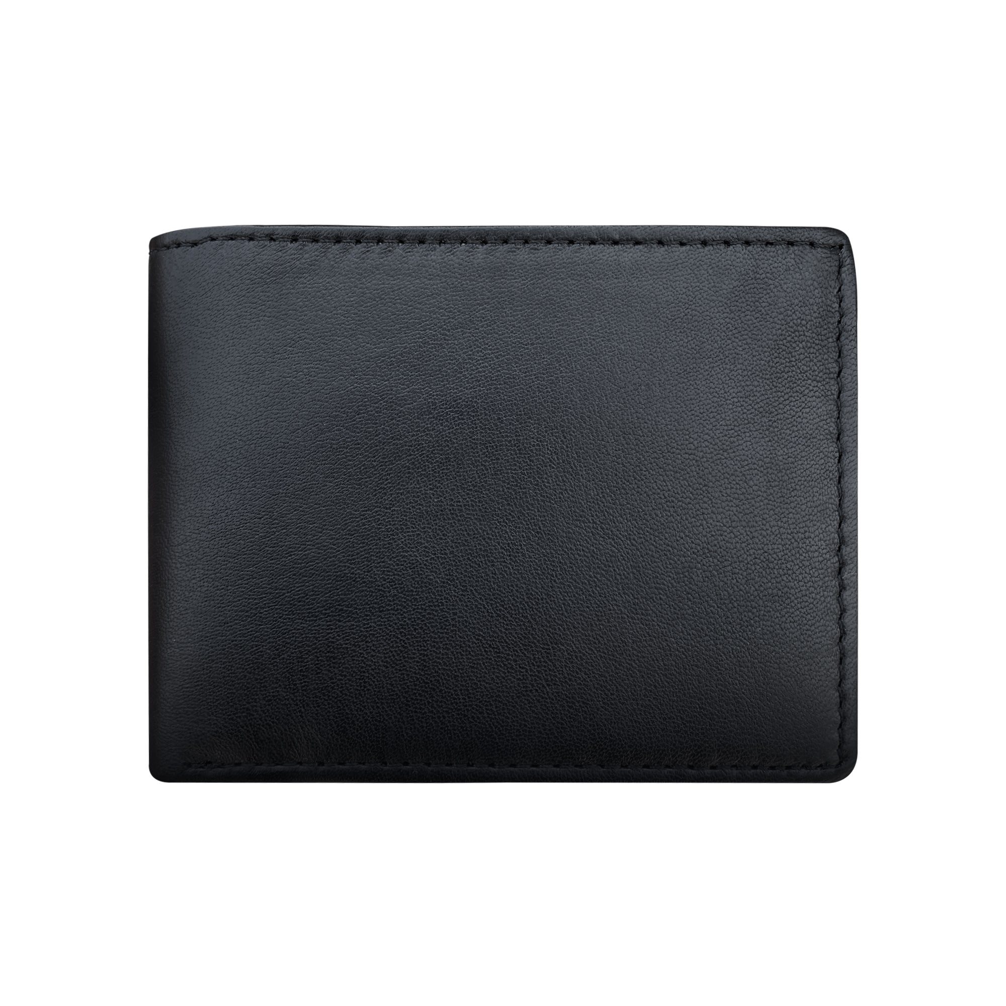 Black leather bifold wallet closed, front view 