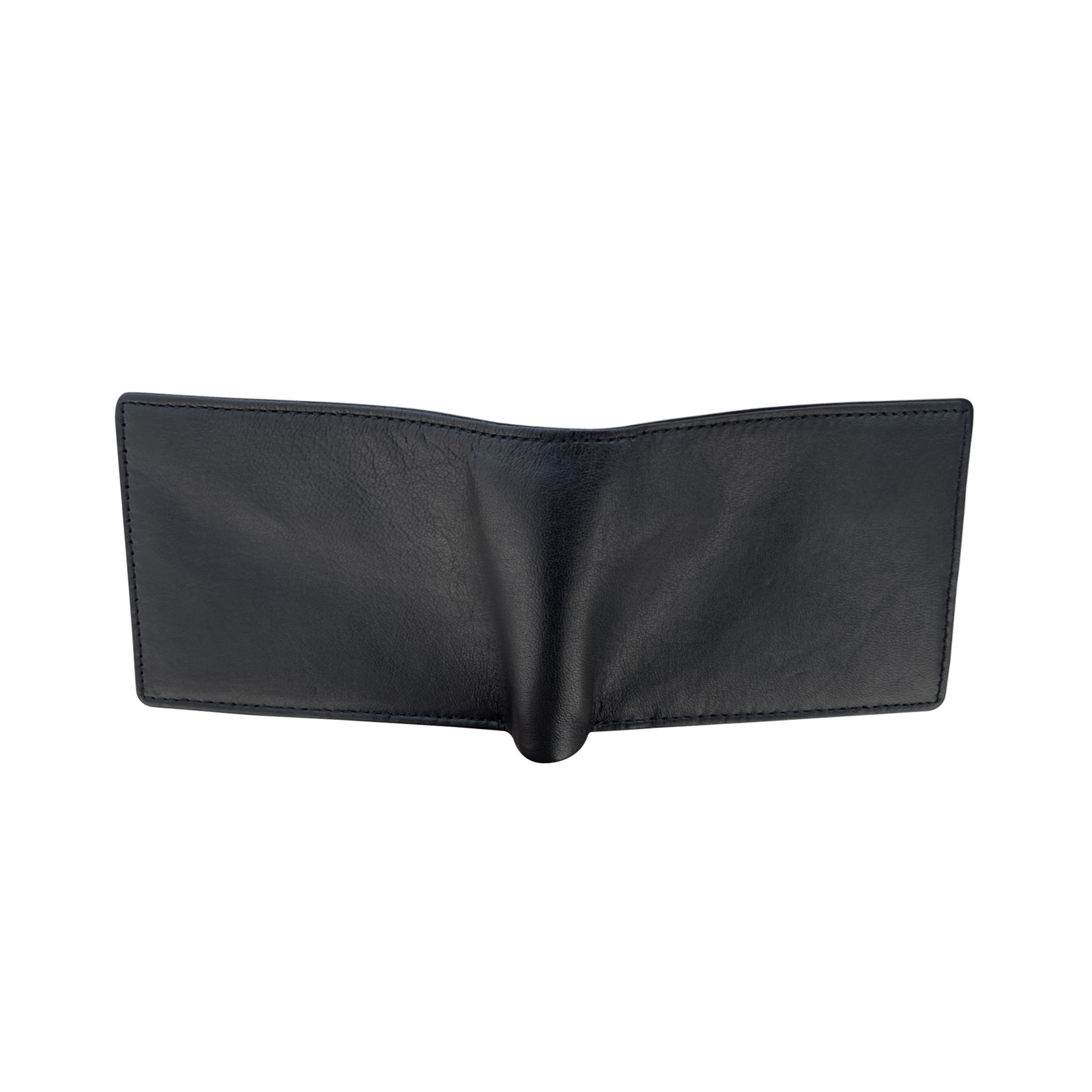 Black leather bifold wallet opened flat, displaying exterior