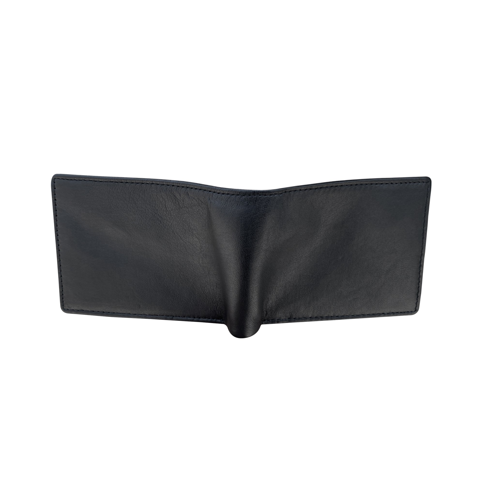 Black leather bifold wallet opened flat, displaying exterior
