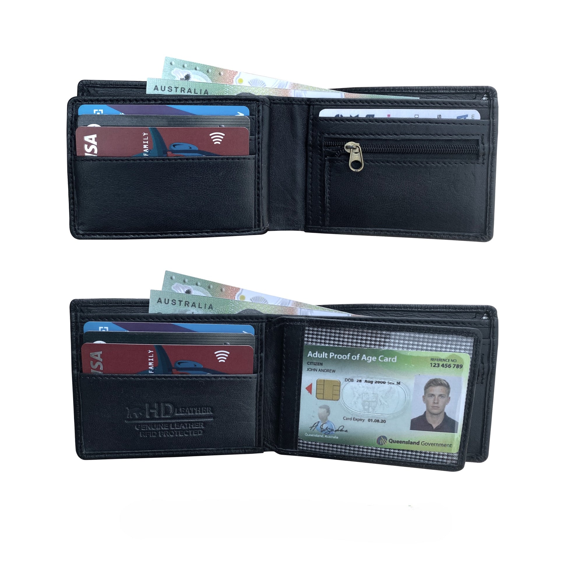 Black leather wallet open displaying functionality with Australian currency and cards inserted in card slots and ID window visible