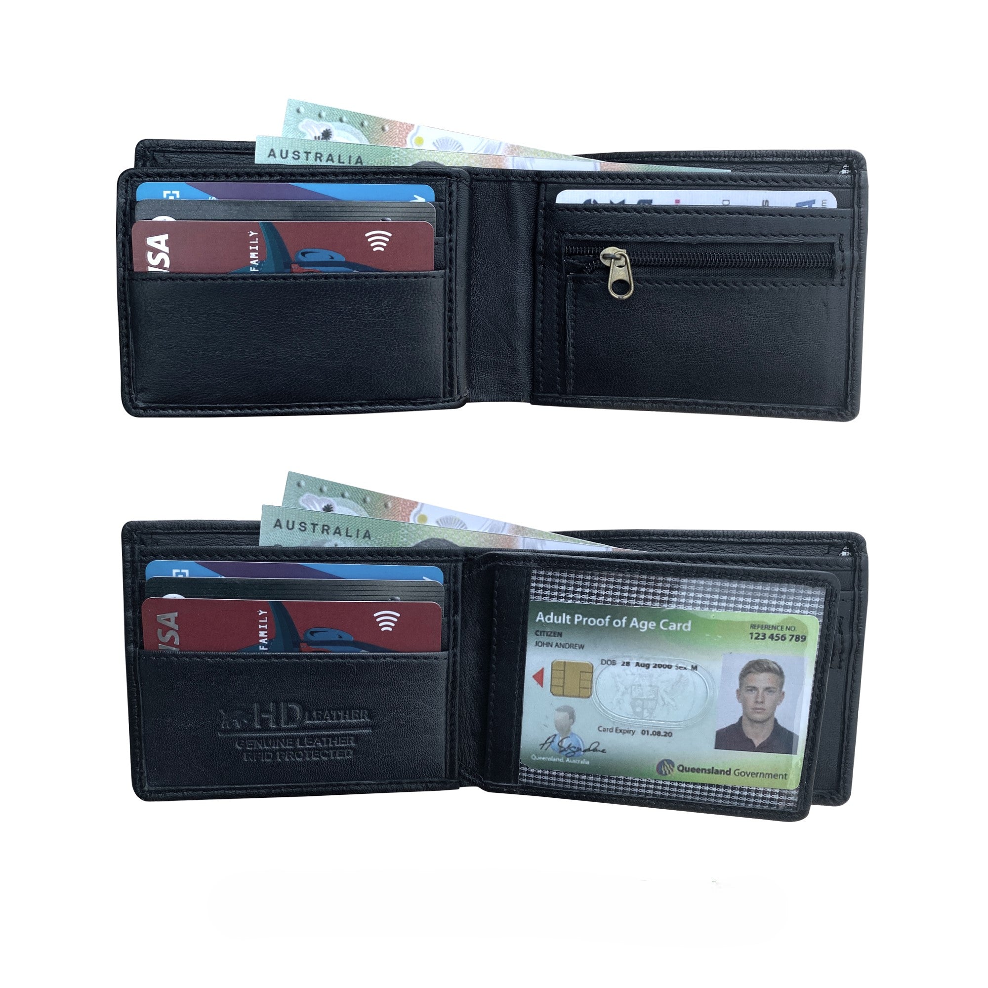 Black leather wallet open displaying functionality with Australian currency and cards inserted in card slots and ID window visible