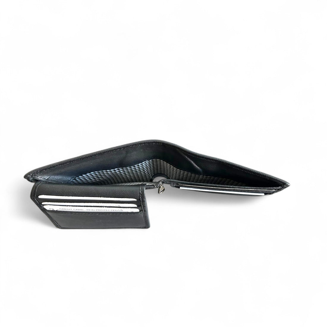 Black leather wallet with card slots on a white background