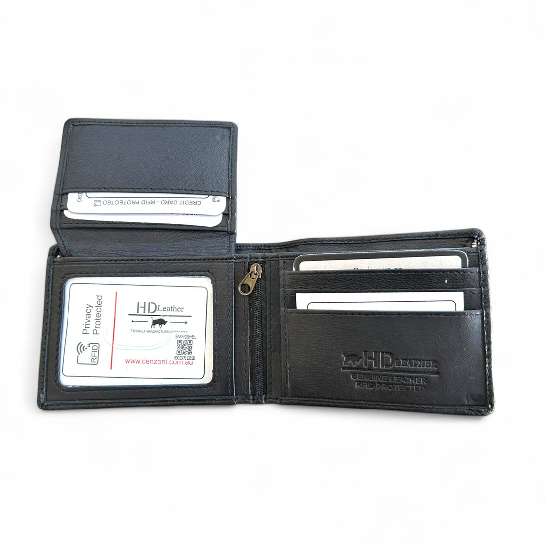 Black leather wallet with card slots on a white background