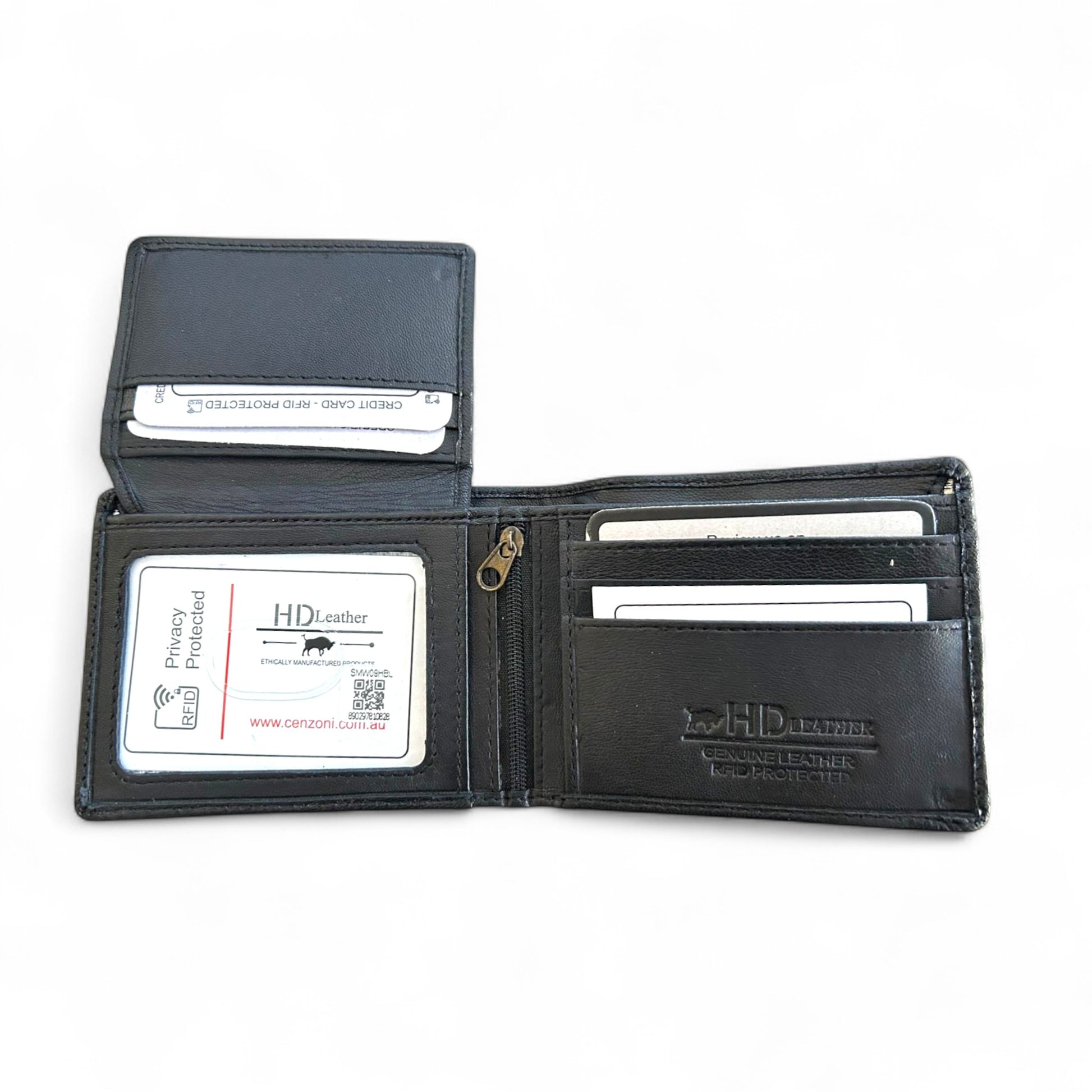 Black leather wallet with card slots on a white background