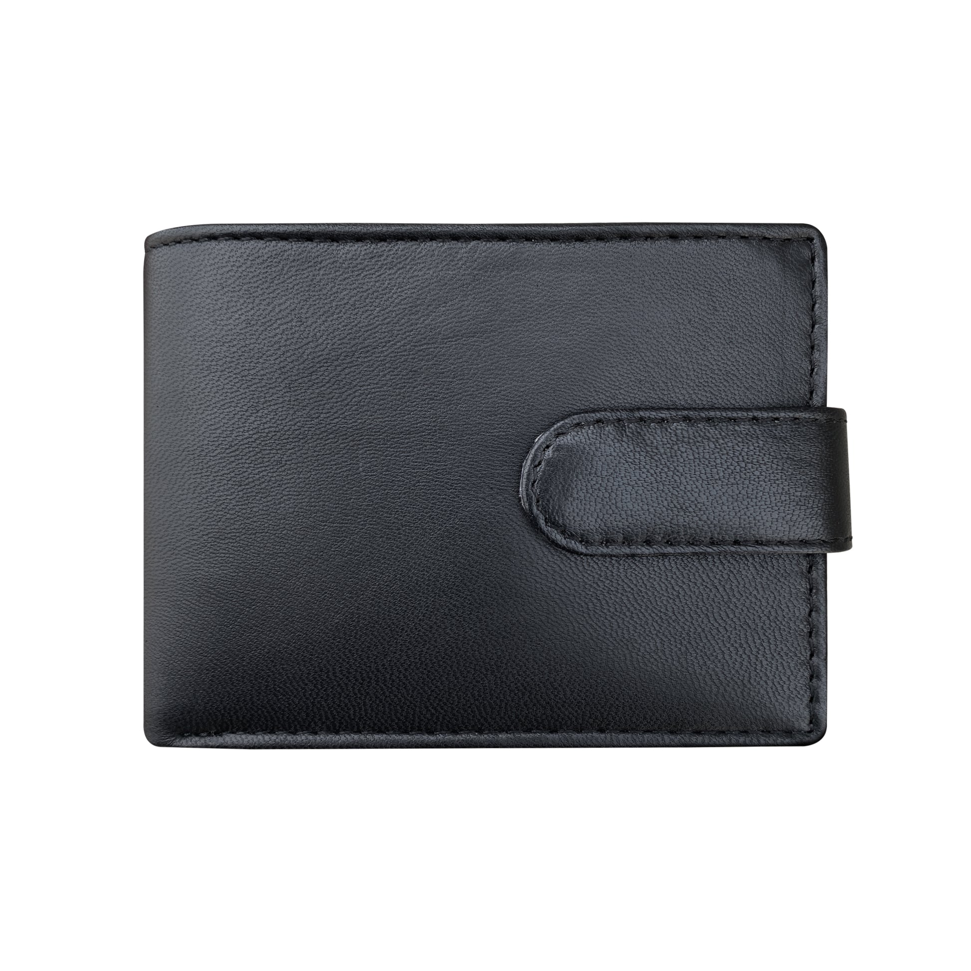 Black leather bifold wallet with tab closure and pebbled texture