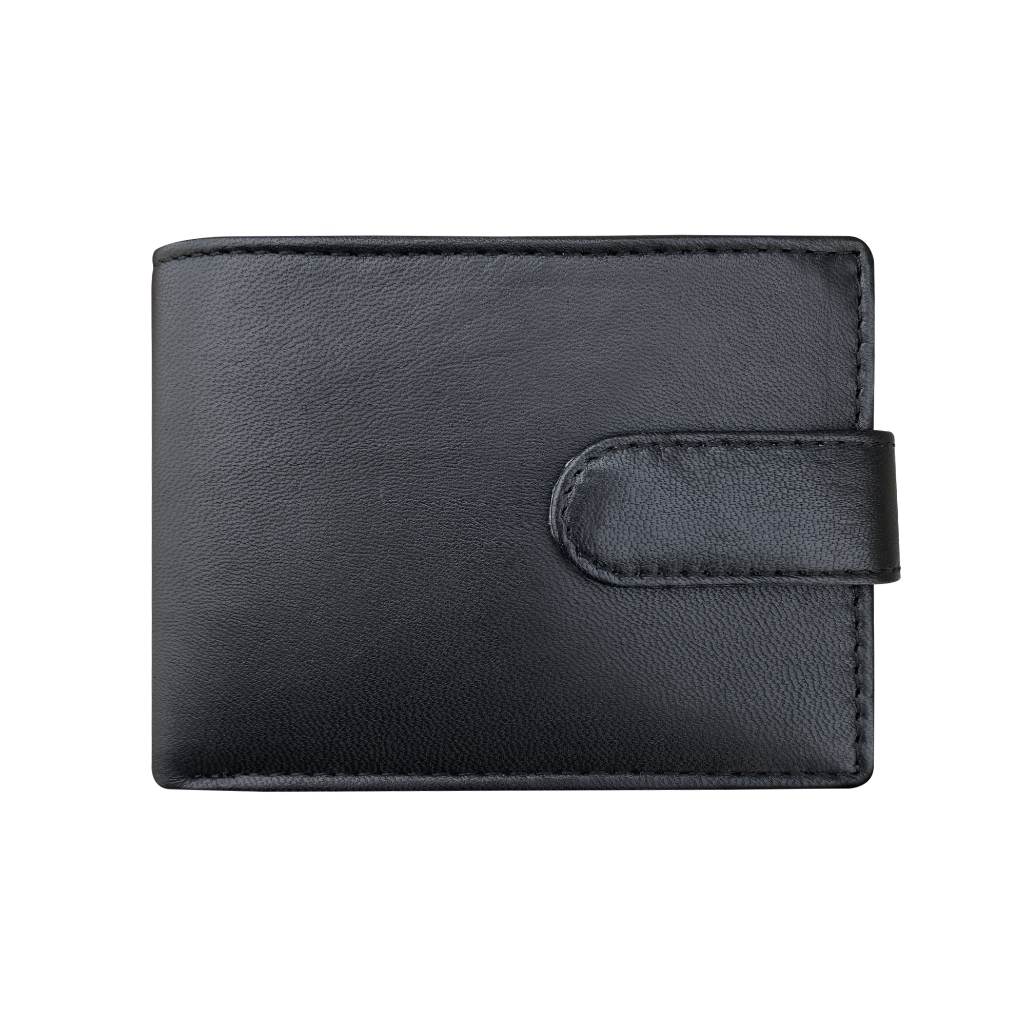 Black leather bifold wallet with tab closure and pebbled texture