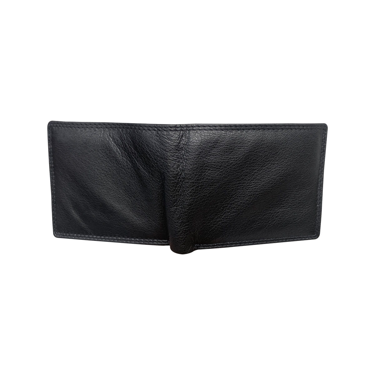 Black leather bifold wallet shown closed from the outside, featuring a pebbled texture and stitched edges, photographed against a solid white background.
