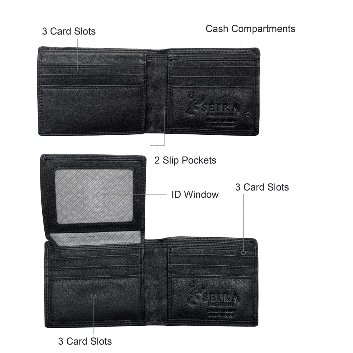 Black leather bi-fold wallet shown from the front and open back on a white background, with callout labels pointing to cash compartments, ID window, slip pockets, and three card slots. The embossed brand name SBIRA is visible on the inside right panel.
